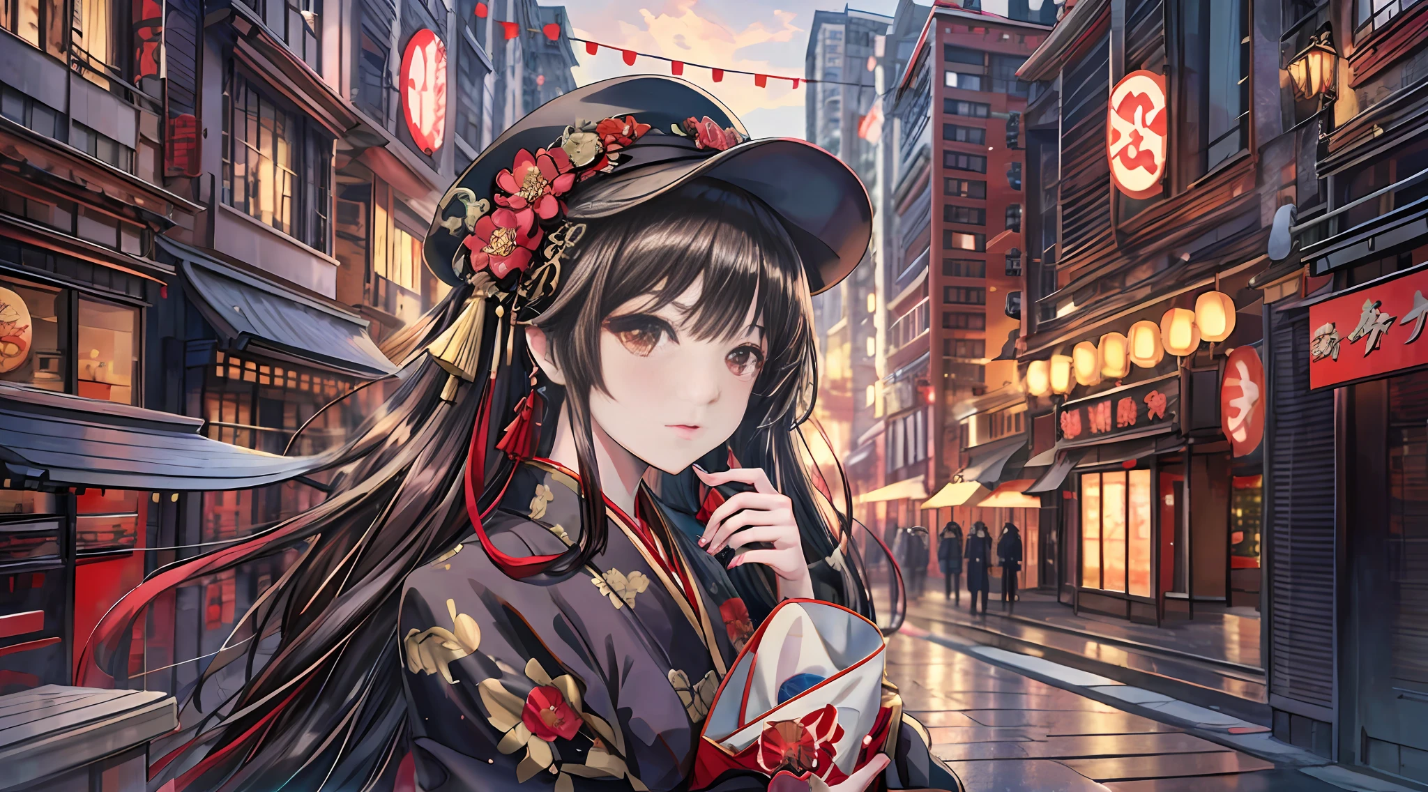 anime girl in a kimono outfit holding a box in a city street, palace , a girl in hanfu, anime style 4 k, beautiful anime portrait, kawacy, artwork in the style of guweiz, detailed portrait of anime girl, by Yuumei, a beautiful artwork illustration, digital anime illustration, portrait of an anime girl, portrait of cute anime girl