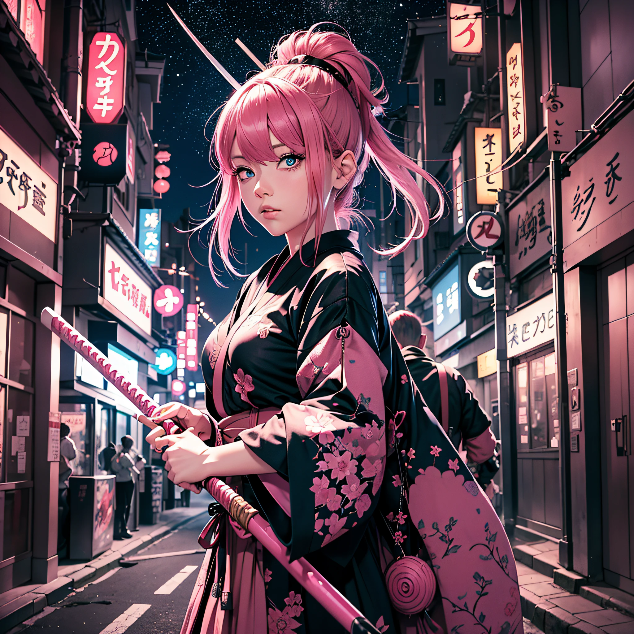 Girl with pink hair blue eyes holding a katana to fubdo a Japanese city at night with a lalamborghini in the background black pink