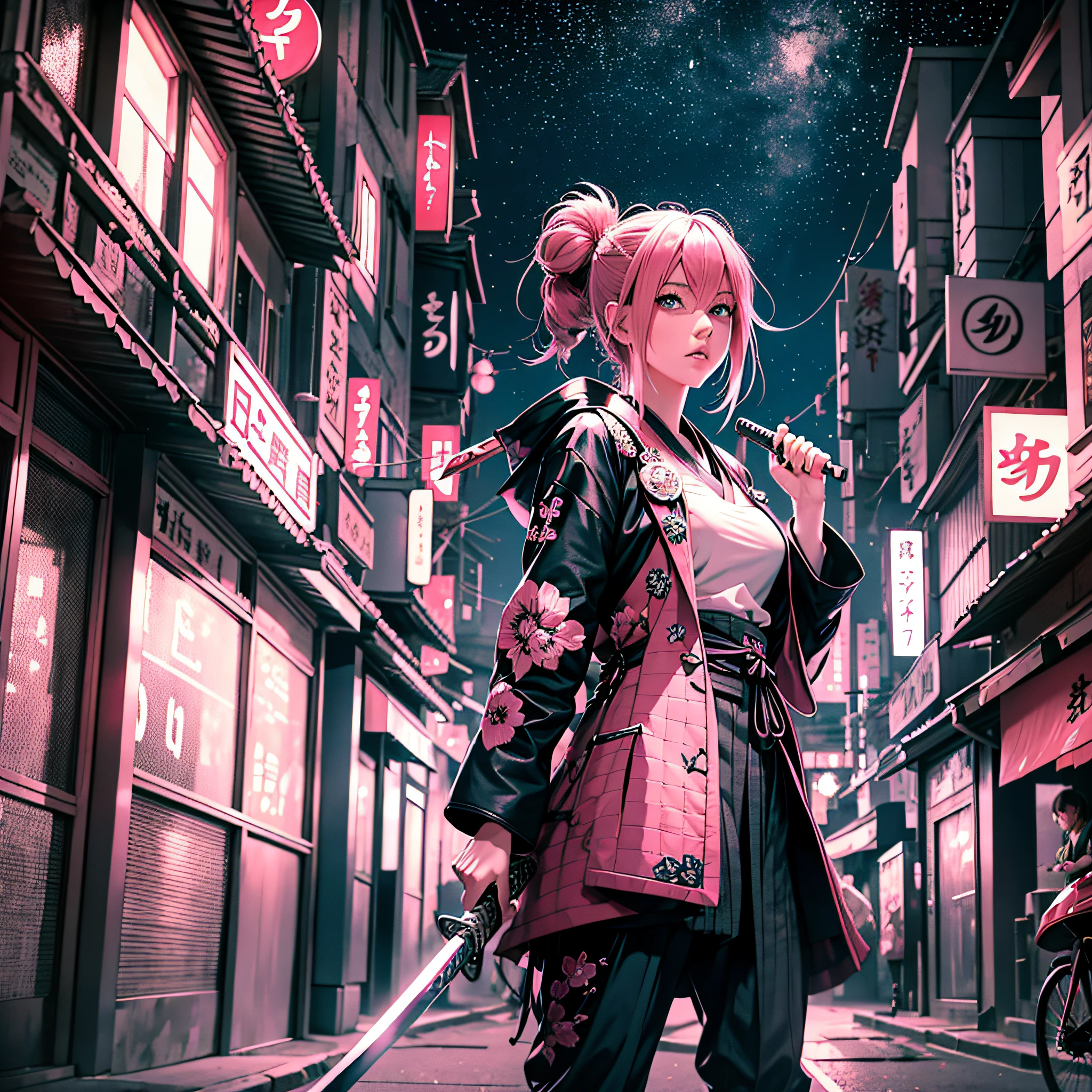 Girl with pink hair blue eyes holding a katana to fubdo a Japanese city at night with a lalamborghini in the background black pink