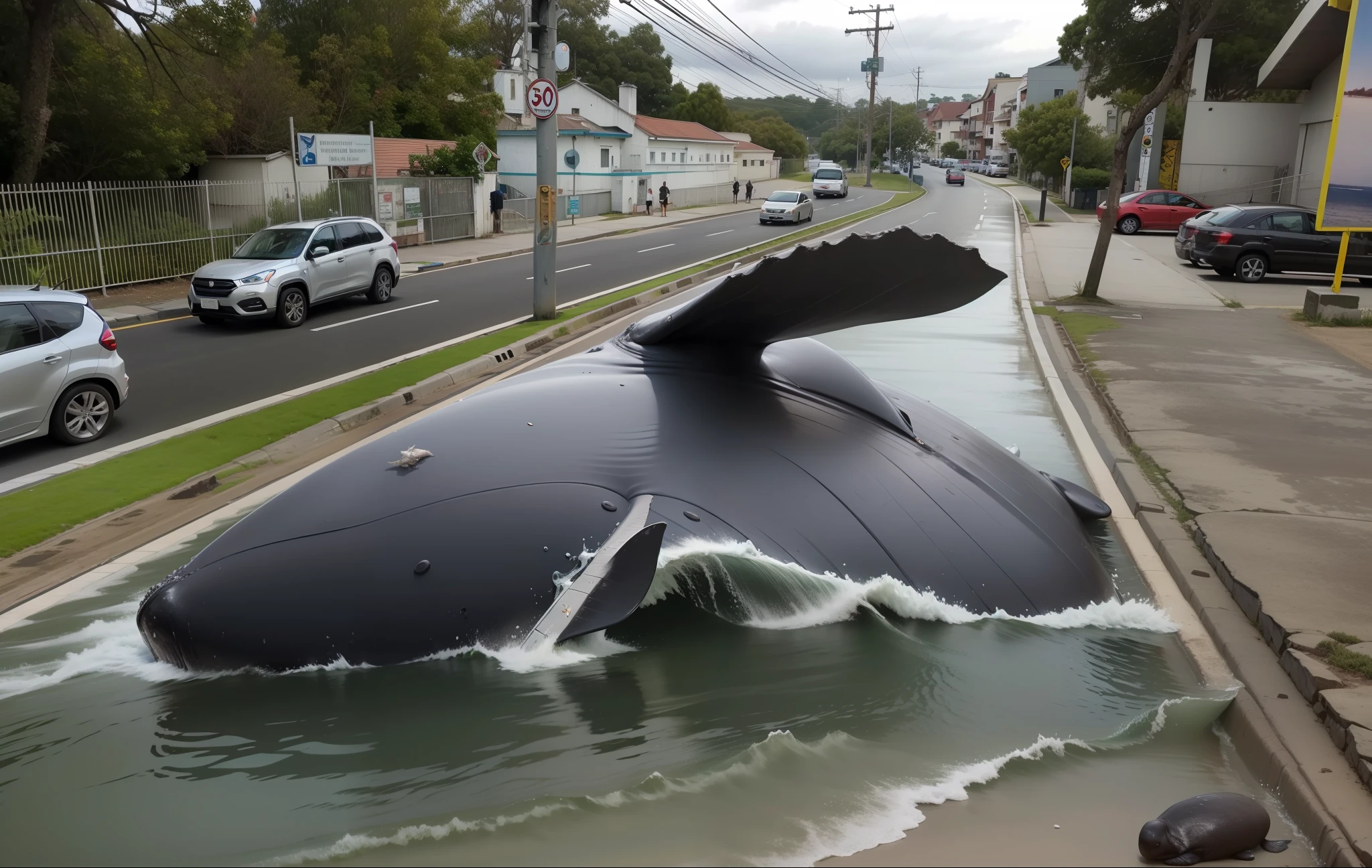include in the image a stranded humpback whale --auto --s2