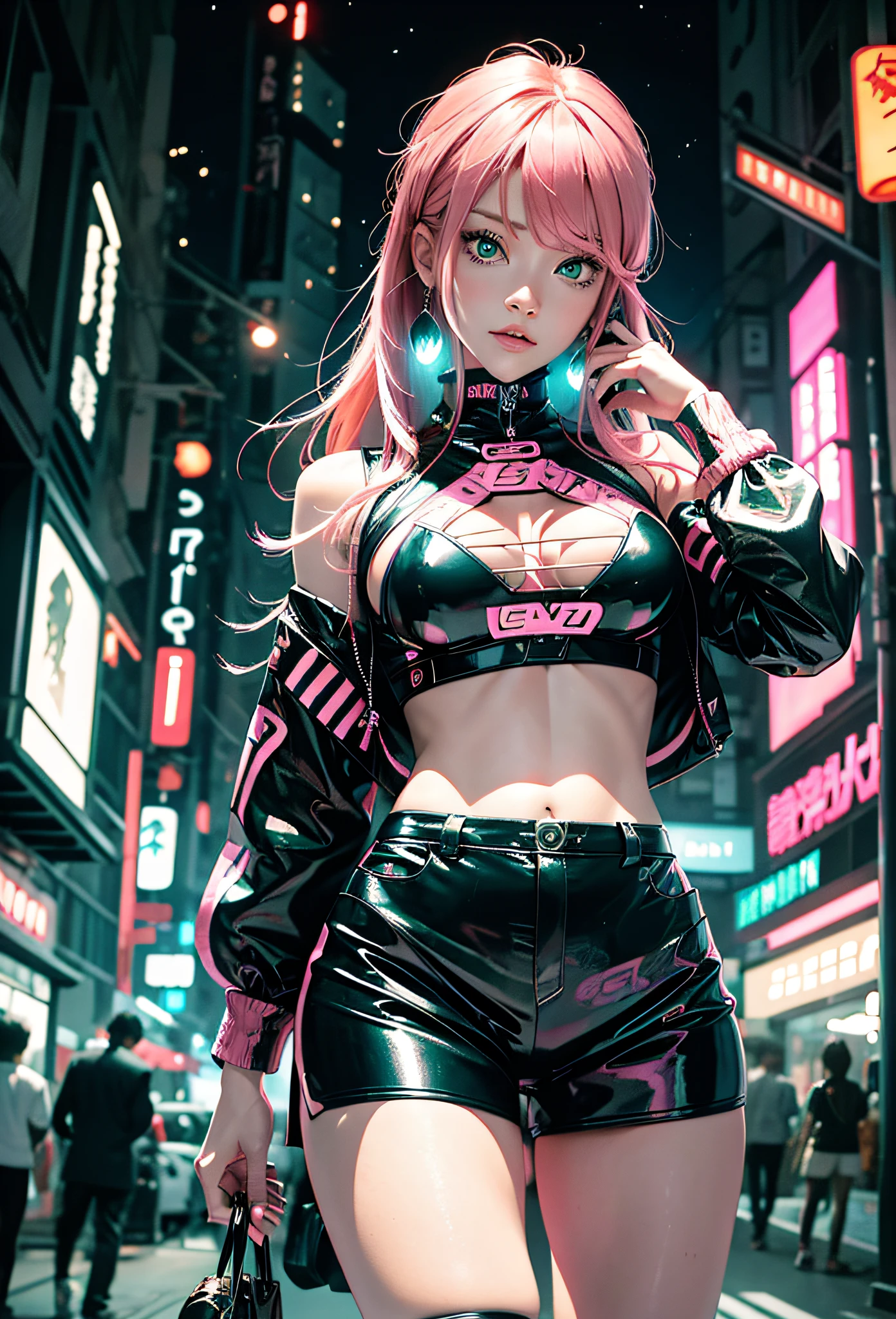 Black pink ,sexy girl with pink hair blue eyes and a green , in the background Japanese city at night,next to a Lamborghini