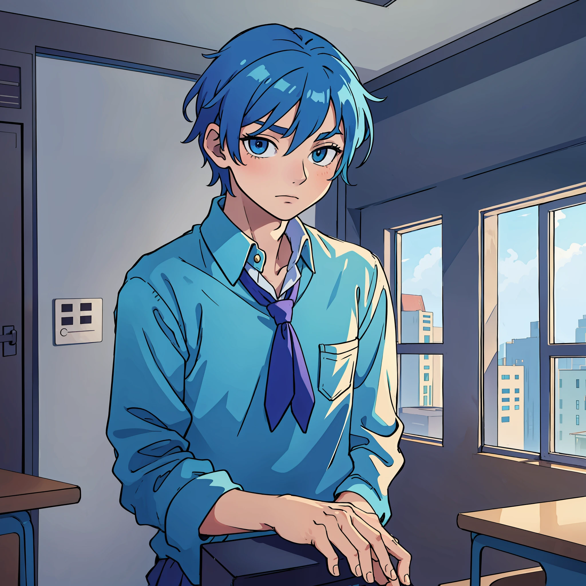 Anime, young male, blue hair, school clothes