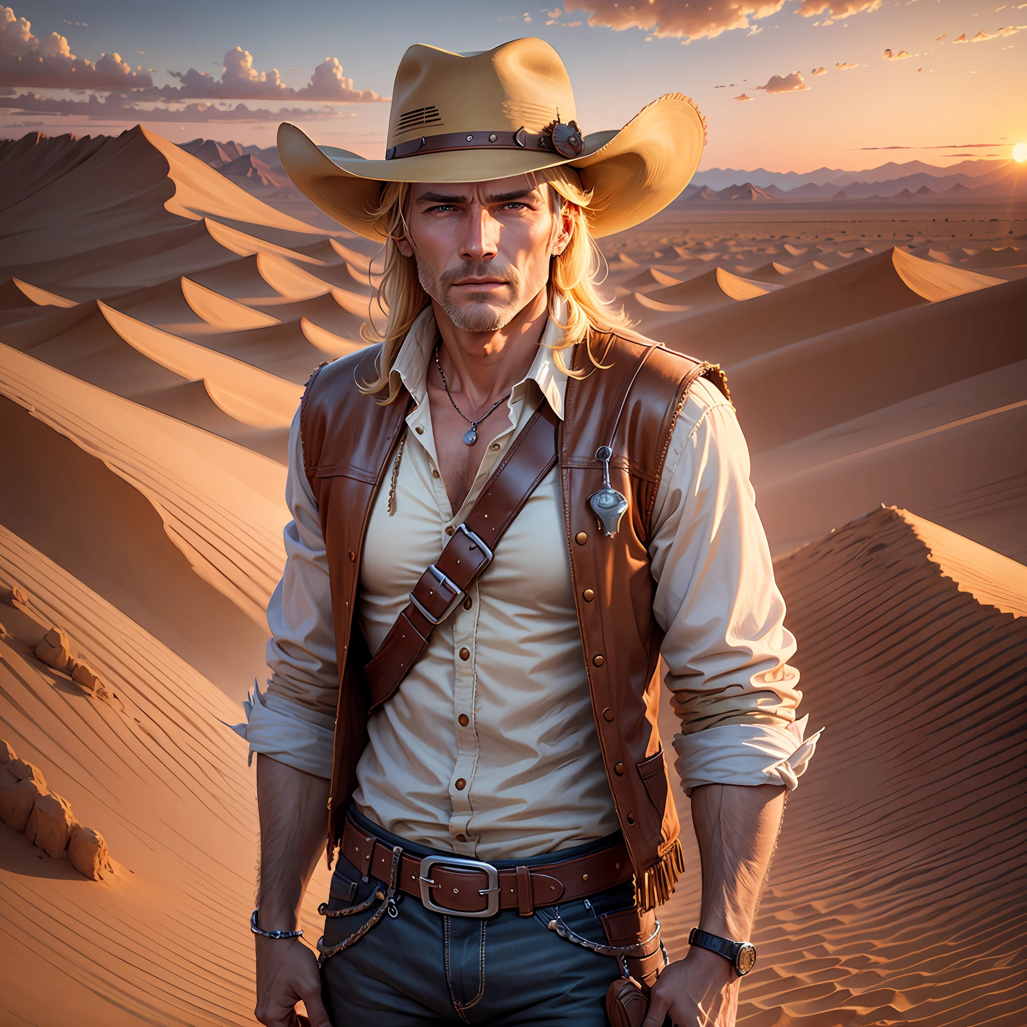 Blonde man, tall, middle-aged, cowboy style, sunset, desert --auto --s2