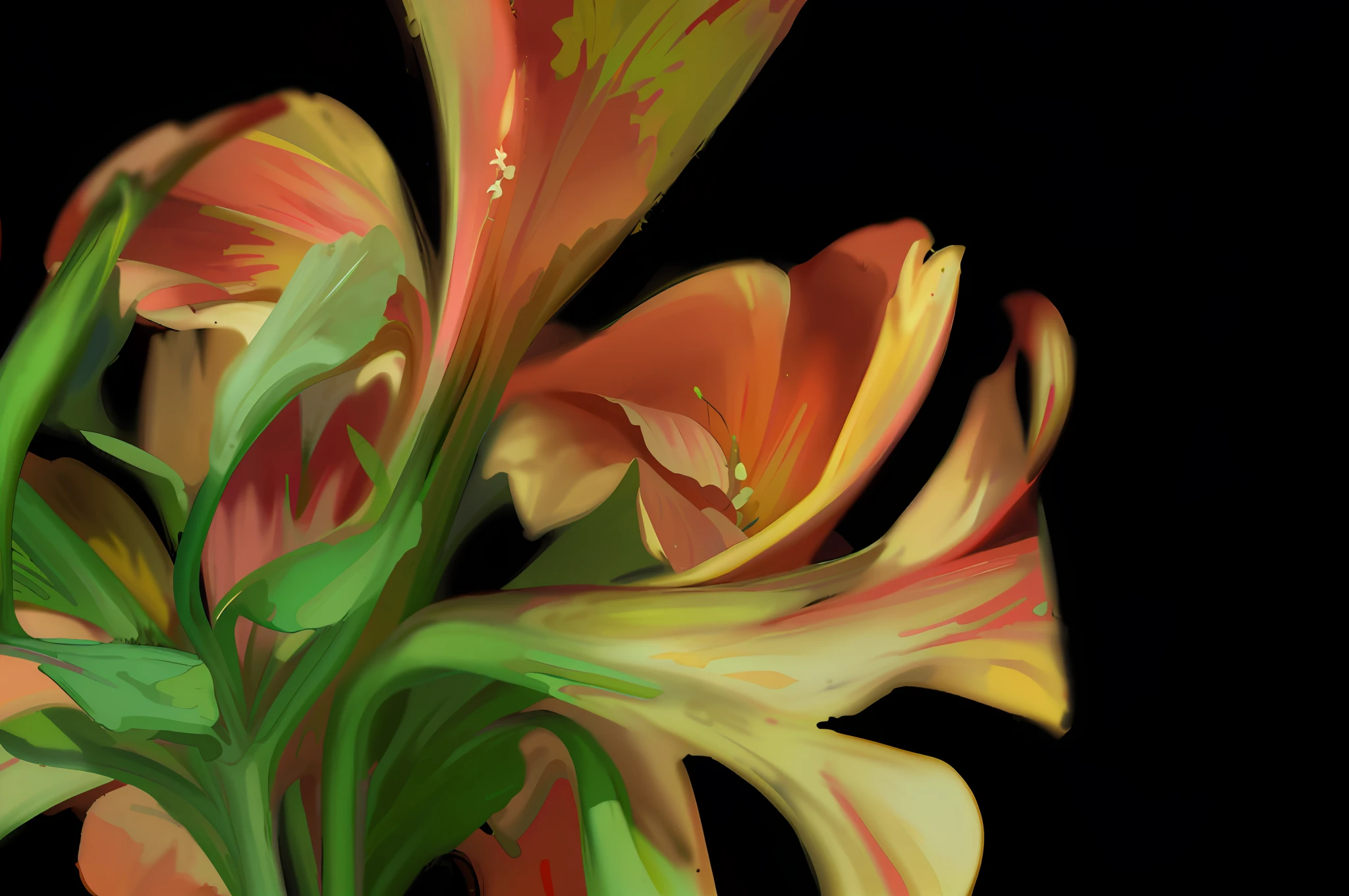 clase up of a flower with green stem,in digital oil painting,with sharpness,few details,with vibrant colors in blue, white and yellow,colored background,digital oil on canvas