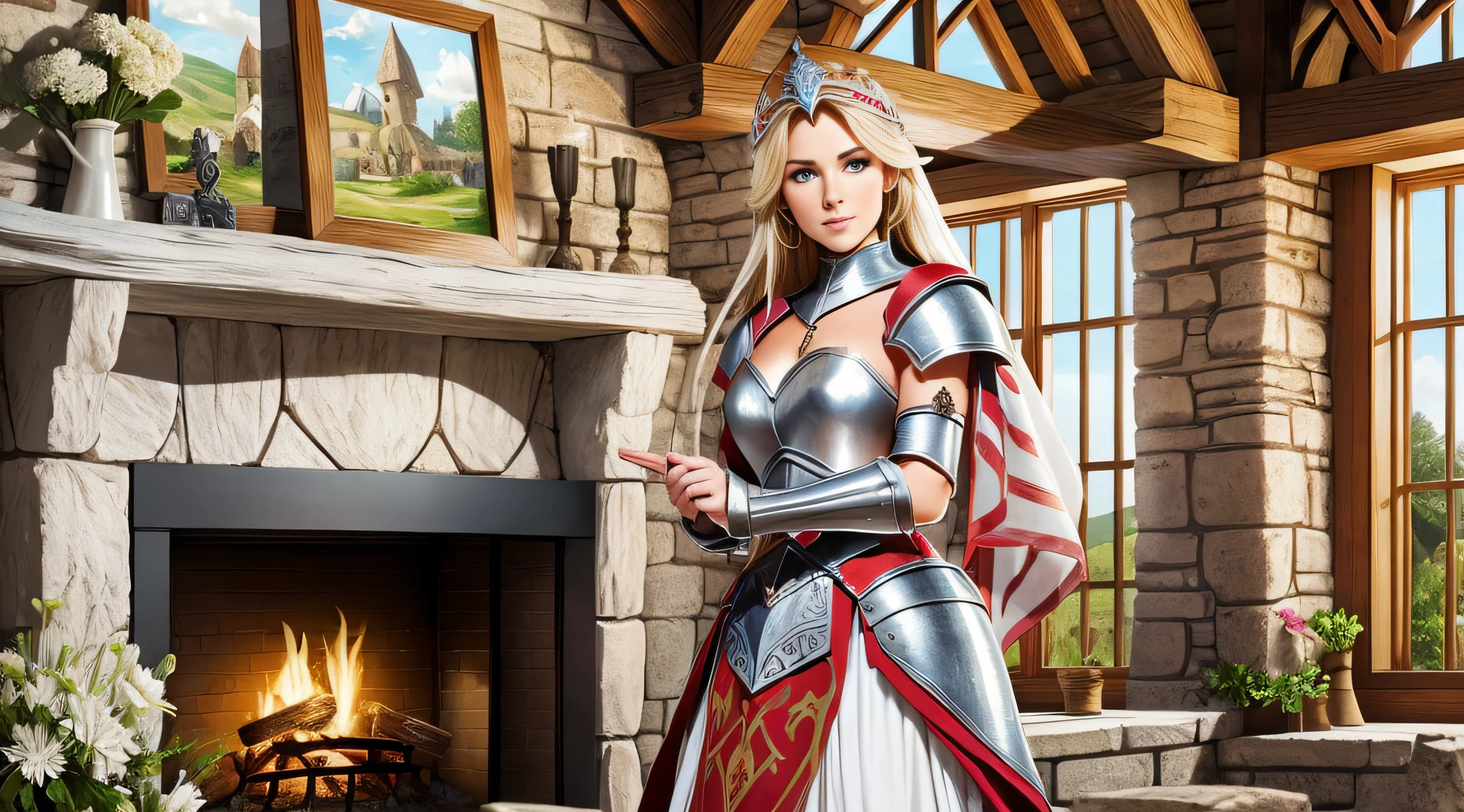 a very beautiful woman, a medieval warrior, white armor, near a fireplace in an old tavern, Cartoon style, colorful, two-dimensional