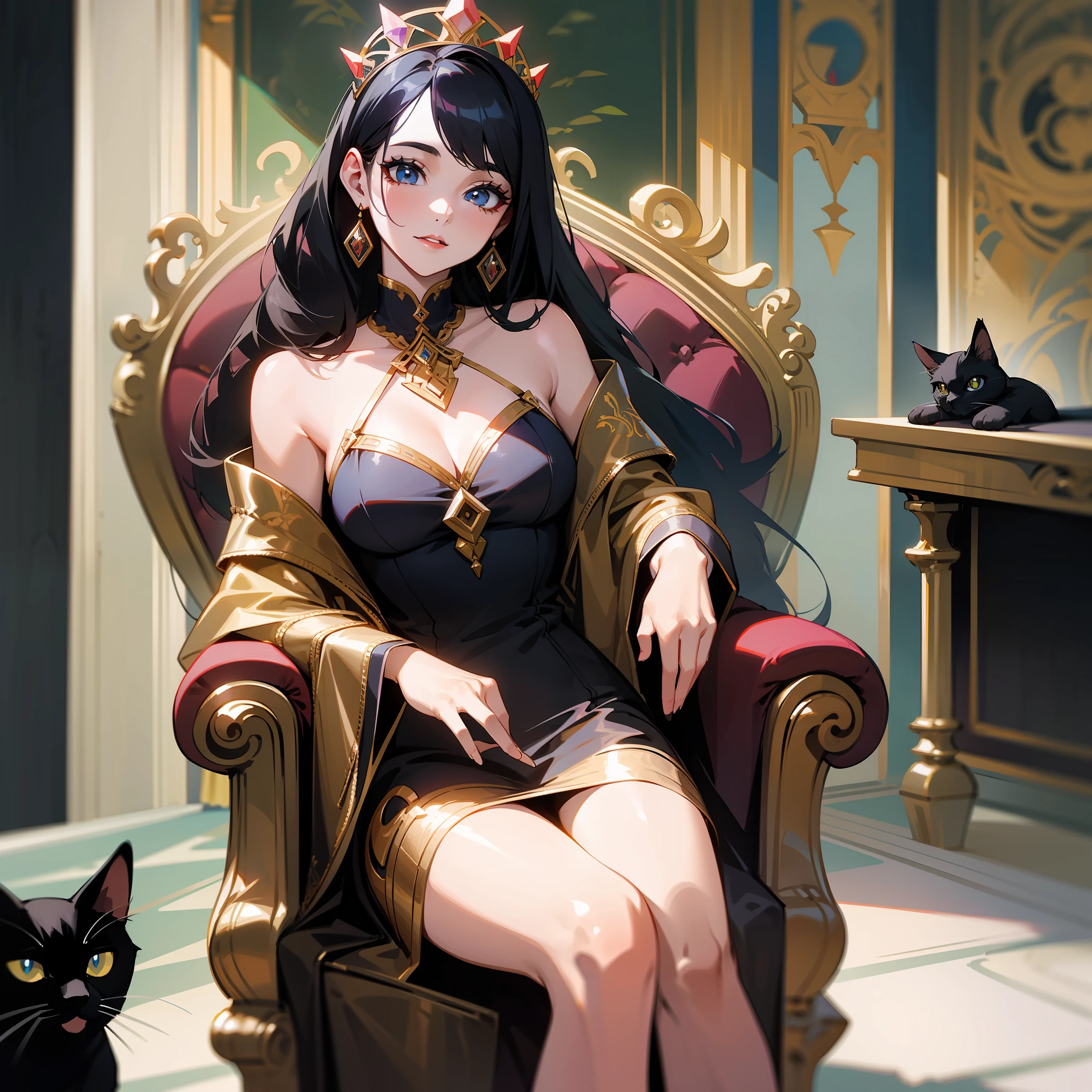 There is a woman sitting on a queen's throne with a black cat on her lap, 30-year-old woman with black hair, 3 0-year-old woman, 2 , Serena Malyon, photo taken on 2 0 2 0, 30-year-old woman from Cuba, 2 9 years old old, taken on ressed as a queen, in a room of the castle.