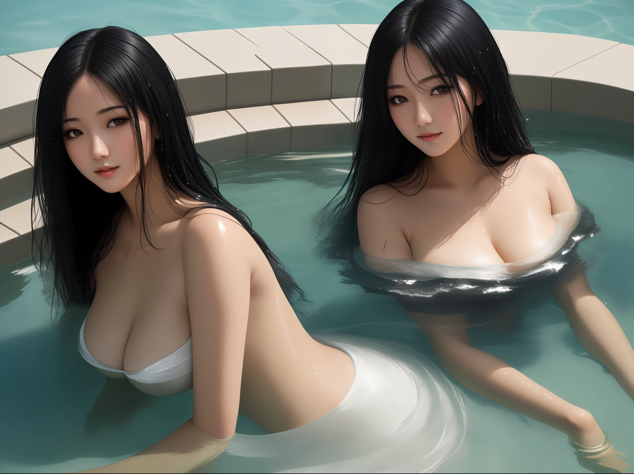 Top Quality, High Resolution , Realistic, 1 Woman, Black Hair, Water Covered from the Head, Soft and Firm Skin, Big, Beauty Beyond People, Gravure Pose, Sexy Pose, Naked, Bare,