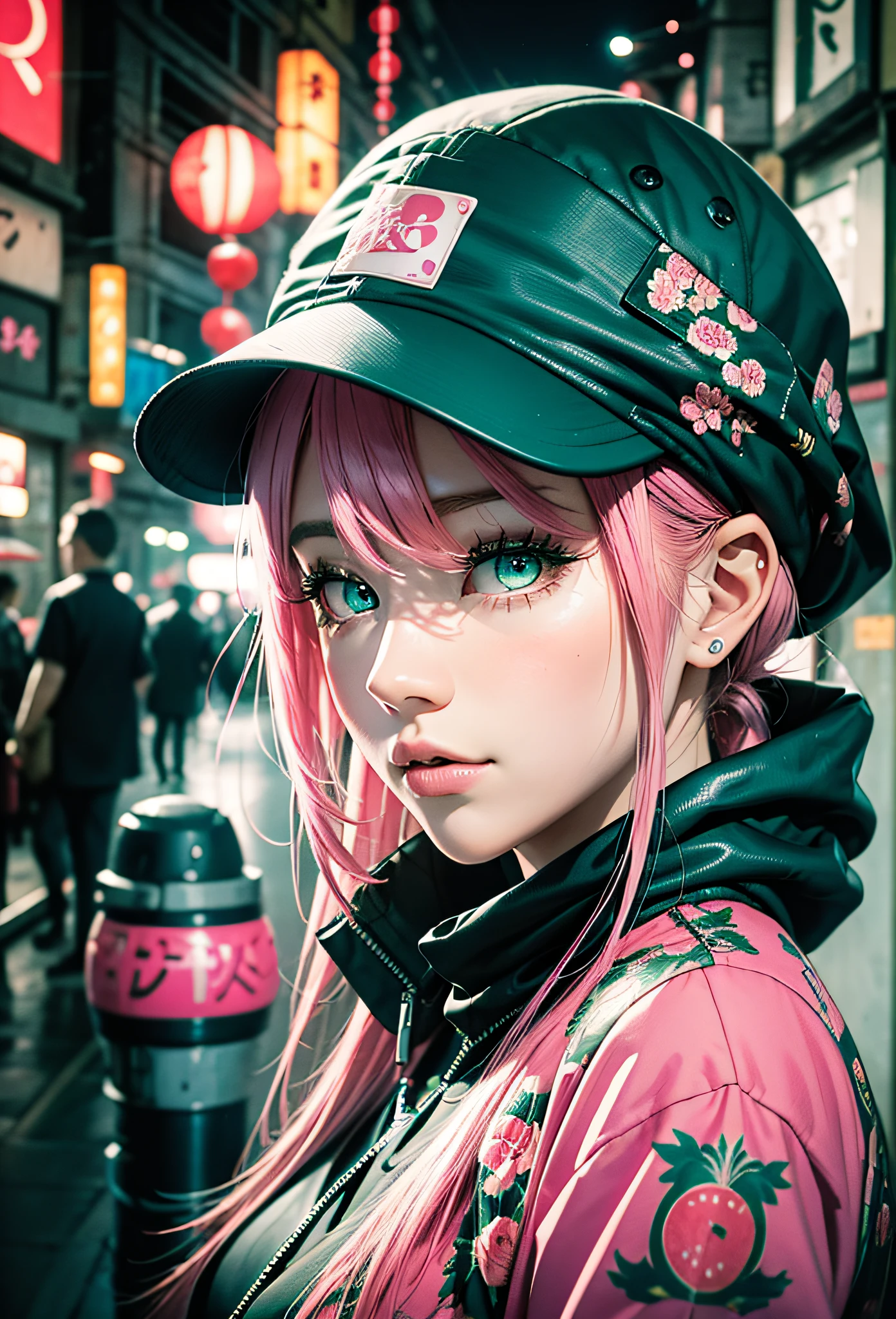 black pink ,sexy girl with pink hair blue eyes and a green , in the background Japanese city at night,next to a buagatti