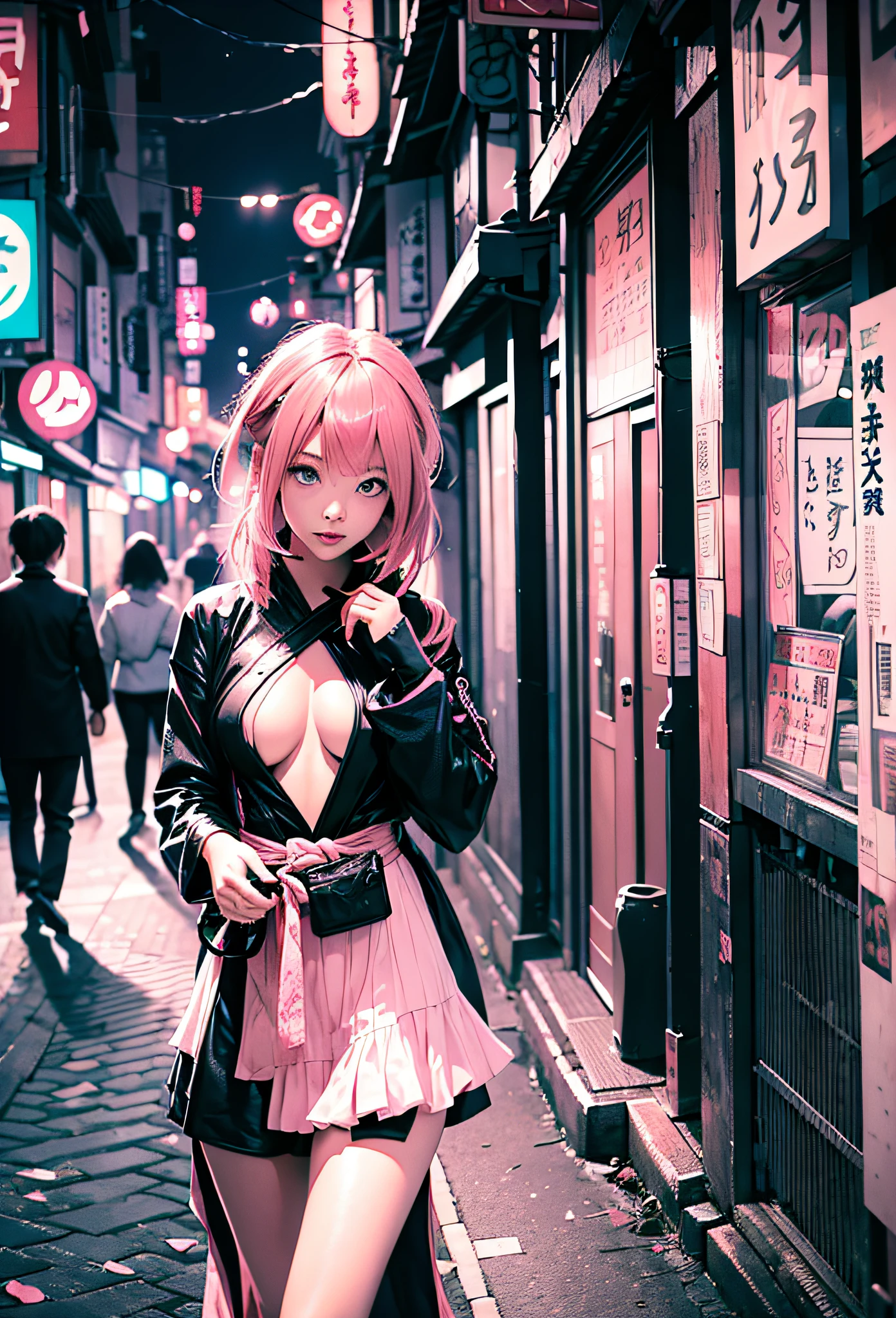 black pink,sexy girl with pink hair blue eyes,in the background japanese city at night,