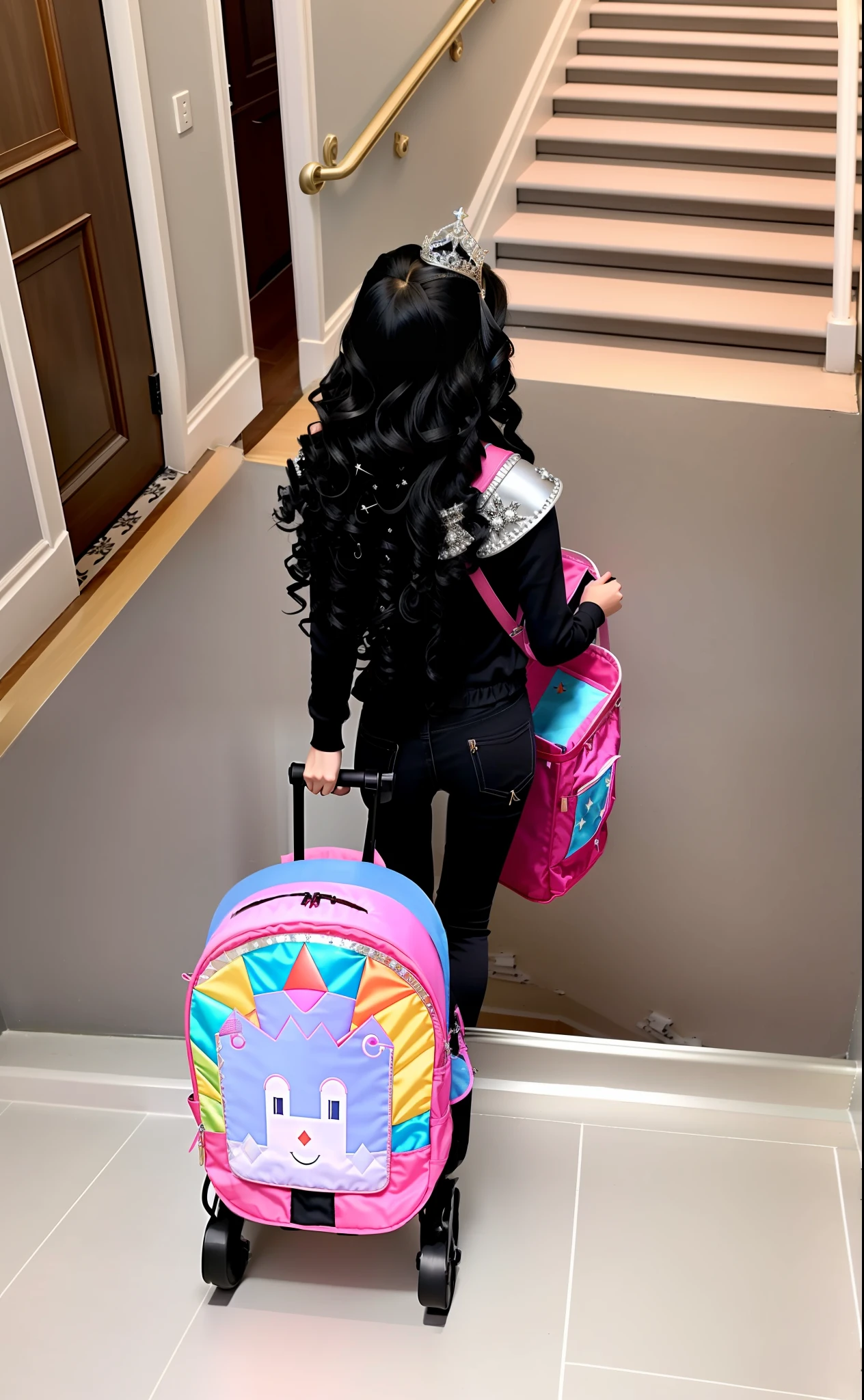 A tiara princess with diamondslong, curly black hair coming down the stairs from the entrance to her castle pulling out her cart backpack