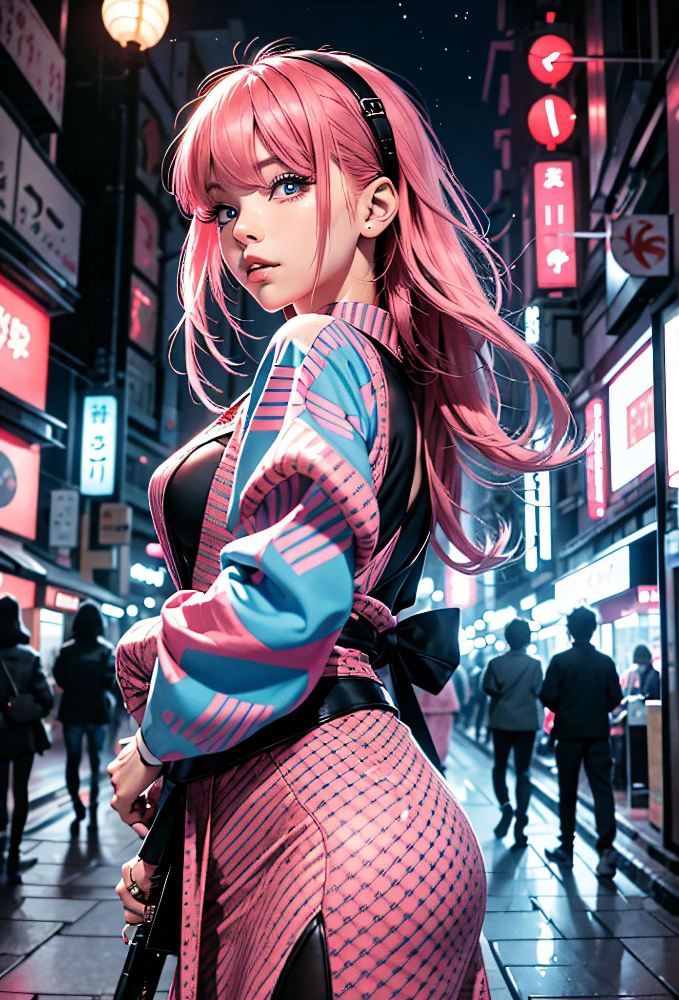 black pink,sexy girl with pink hair blue eyes,in the background japanese city at night,