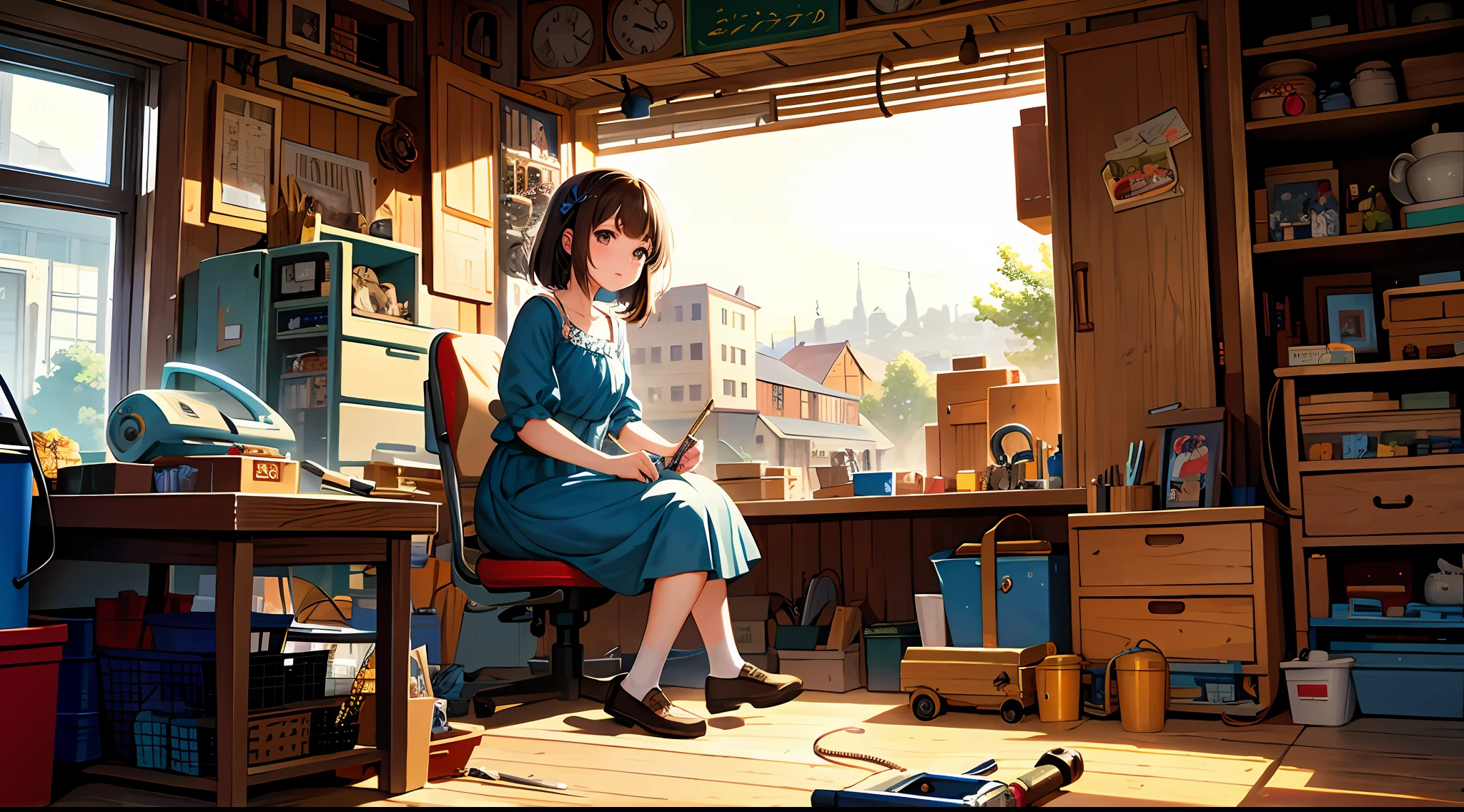 Masterpiece, top quality, highest quality, official art, beautiful and aesthetic, animation, busy scene of small machine town surrounded by small machines and tools, girl sitting in her room, repairing something, curiosity and love of invention. Delicate face, delicate expression, delicate touch.