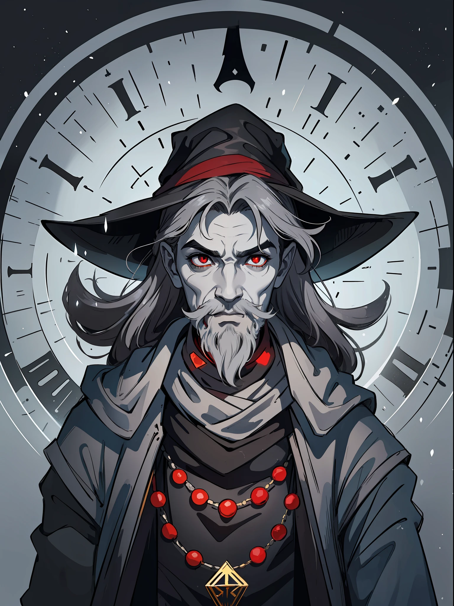 a wise mummy man with a sorcerer's hat and skin of the opaque gray color gray skin graphite gray skin and long black hair with ruby red eyes and black makeup on the face and many tribal paintings by the body and face make him like a sorcerer wearing black magic robes all over his body in a setting full of magic, Time Magic He is a Time Manipulator Controls Time and Space Represent this in an artistic and impressive way with the essence of time, evident masculine traits, enhance the masculinity of the man with a well-defined short beard
