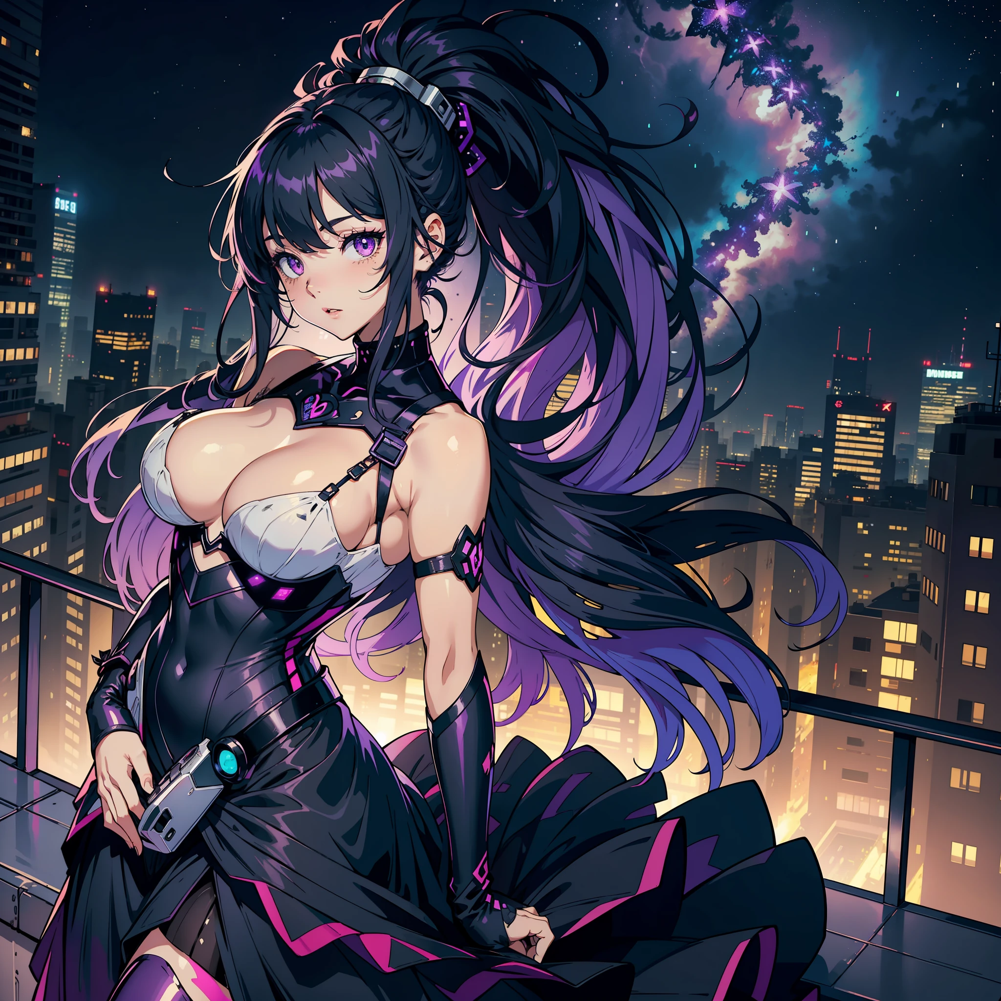 ultra-detailed, illustration, detailed light, an extremely delicate and beautiful, 1girl, black long purple hair, {{messy}} fluffy hair with [[afro]] style, ahoge, hair is black, beautiful detailed eyes,  black ribbed sweater and long skirt under, pale skin, smaile, large breasts, {{{luminous purple butterflies lily as ink splash}}}, (((colorful))) Best Quality, Masterpiece, High Resolution, On Rooftop, (Cyberpunk Theme) Stunning Girl, Cyber Purple Armor, Cyber Wings, Ponytail, Tail, Purple Eyes, Black Pupils, Amazing City View, Shooting Star, Brilliant Circuits, Flying Car, Night, Immersive Scenery, Vivid Colors and Contractors, 8K, Uhd,