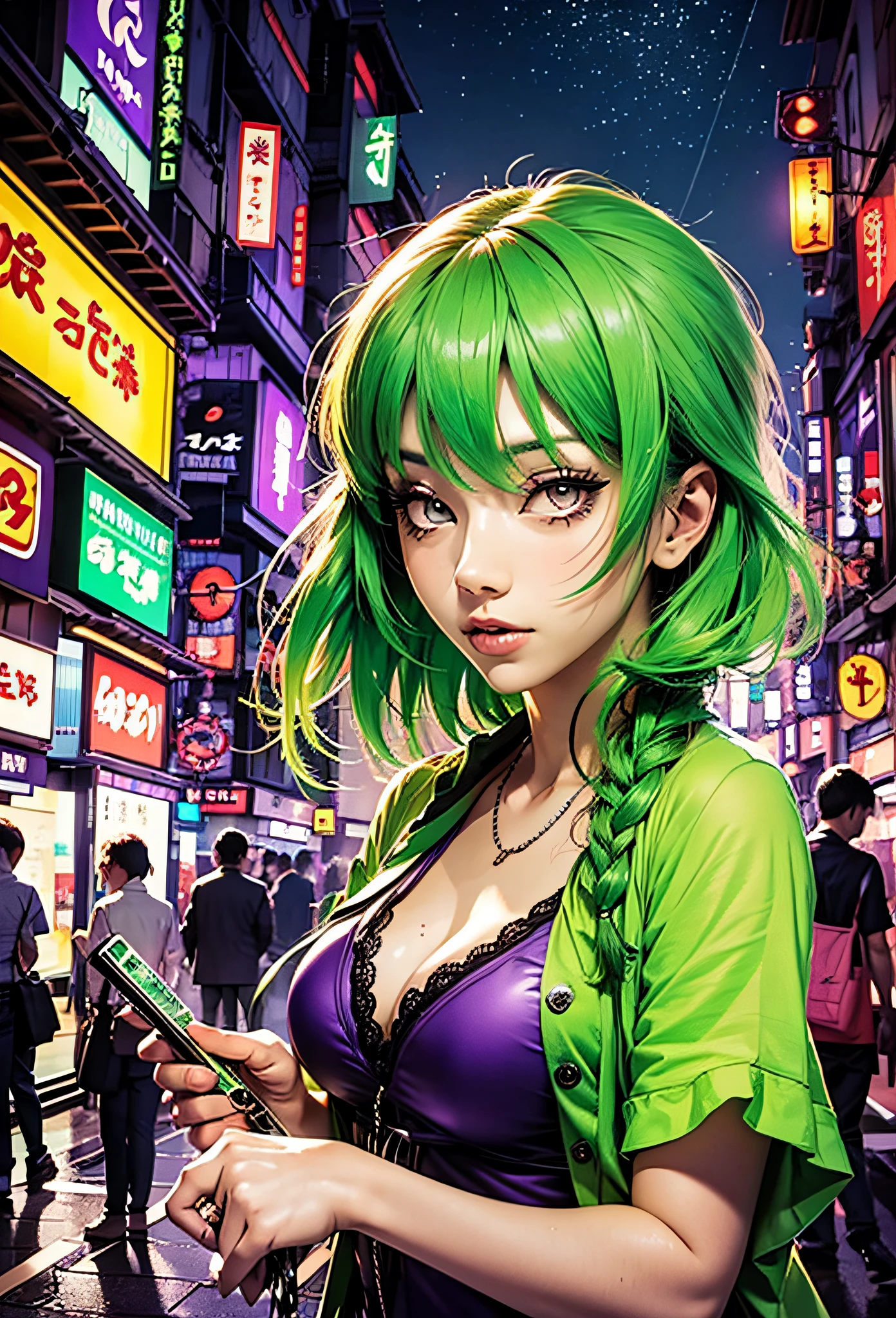 Sexy girl with green hair purple eyes,in the background Japanese city at night,