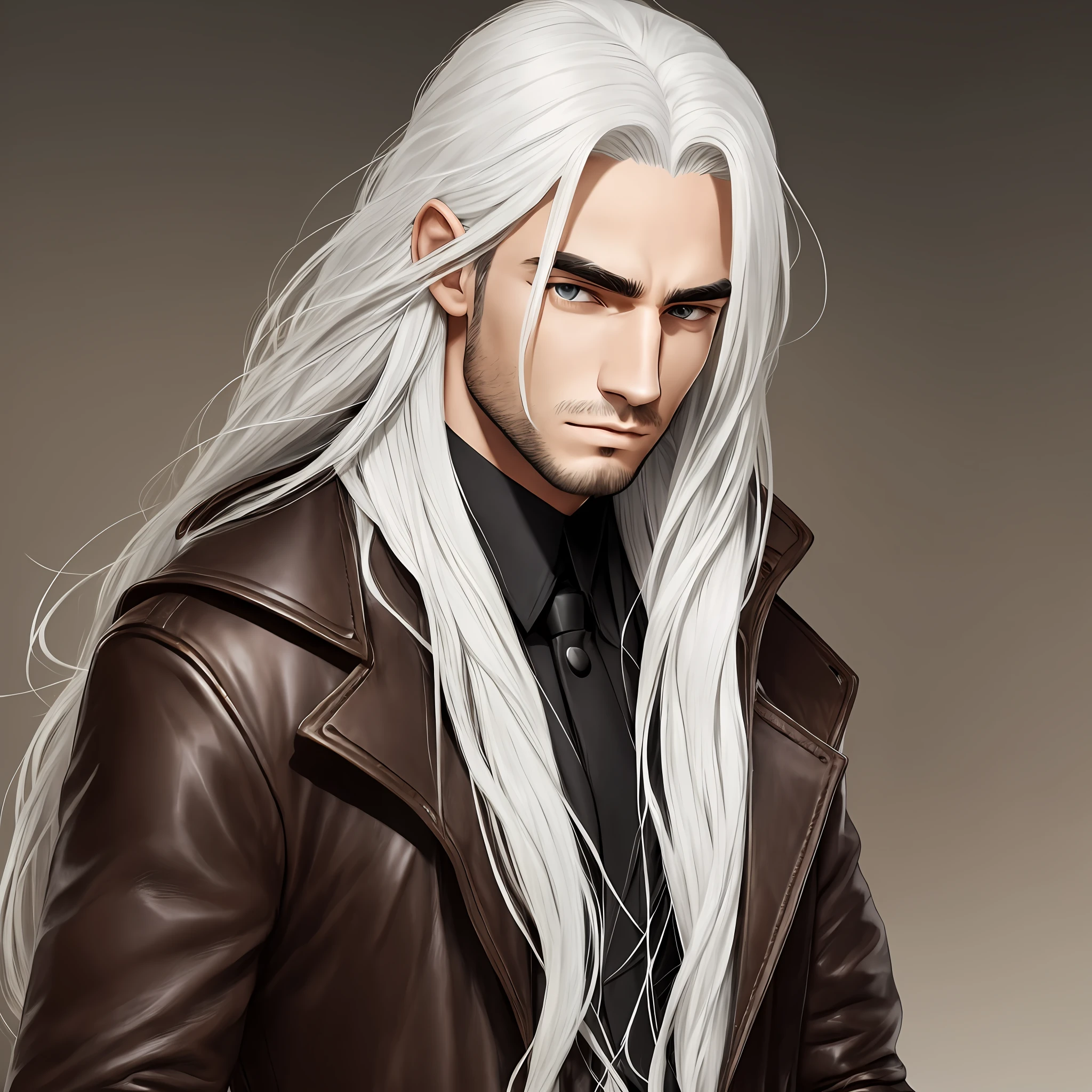Young man with long white hair, totally black eyes, wearing brown leather overcoat, with a black band on his forehead --auto --s2