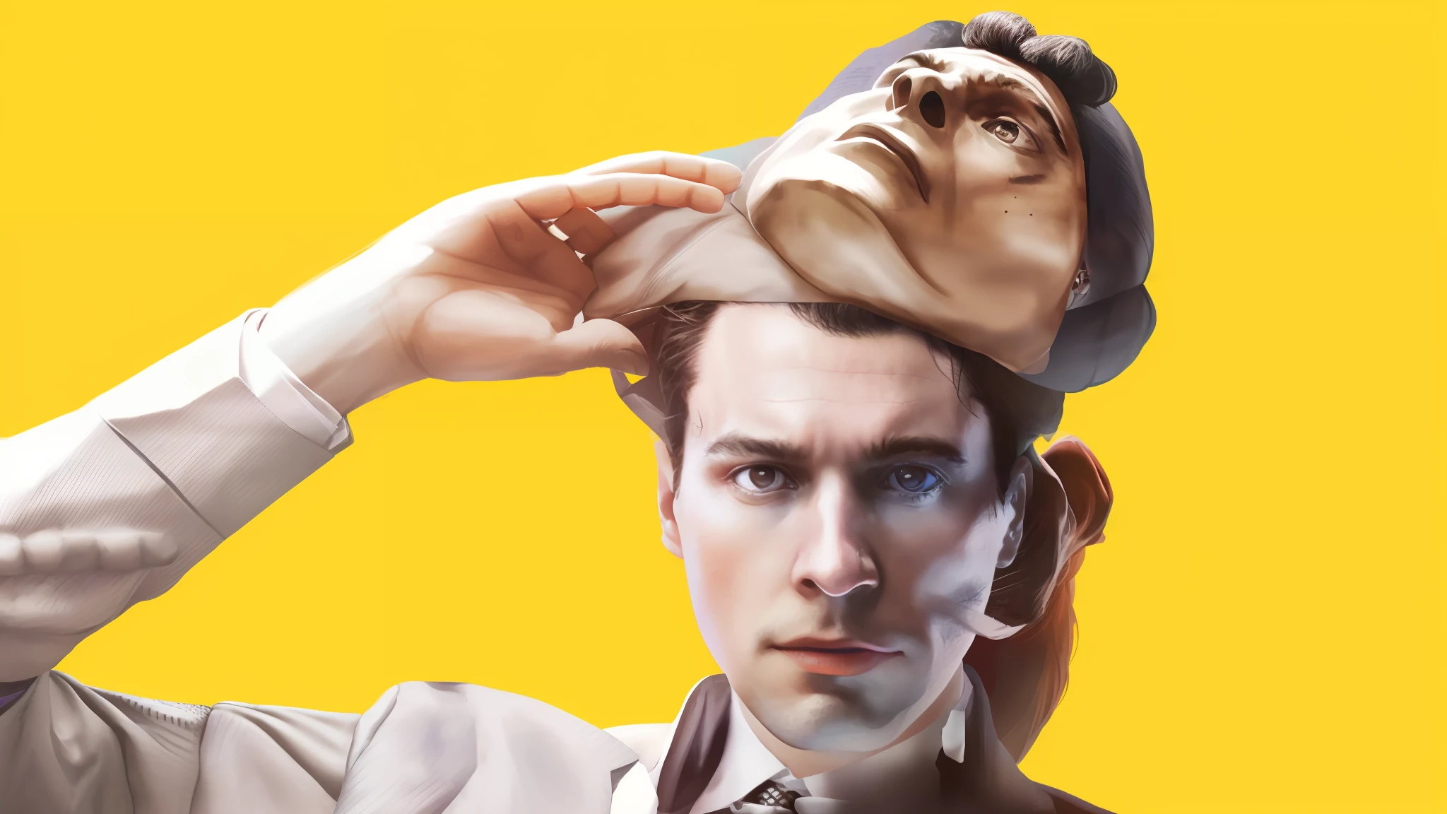 there is a man with a tie on his head and a tie around his head, busted crushed face, photo manipulation, clemens ascher, face on head shot, surreal portrait photography, face-on head shot, hyper realistic absurd, head is up, surreal portrait, surreal collage, transplanted hand to head, guy with horse head, face cluse - up