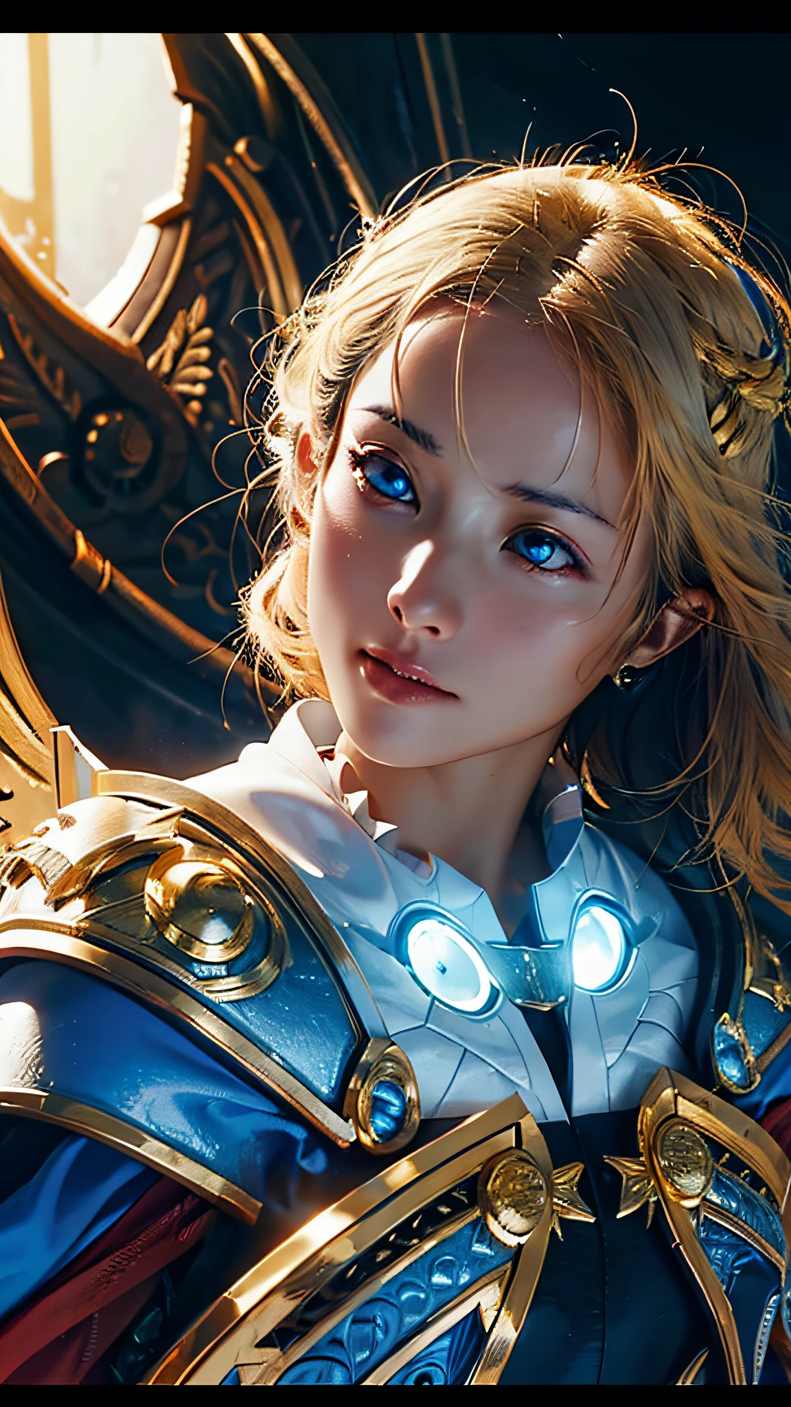 Official Art, Unity 8k Wallpaper, Ultra Detail, Masterpiece, Best Quality, One Woman, (Very Detail), Dynamic Angle, Mystical Expression, Fire Glowing Effect, Fantasy Background, Rim Lighting, Side Light, Cinematic Light, Ultra High Definition, 8k UHD, Film Grain,Best Shadow, Delicate, RAW, Light Particles, Detailed Skin Texture, Detailed Gem Armor Texture, Detailed Face, Complex detail, ultra-detailed, bright, strong, white armor, has glowing weapons, has a shield, pole dron, (((gold hair)), glowing blue eyes, long red cloak, fantasy, (realistic),