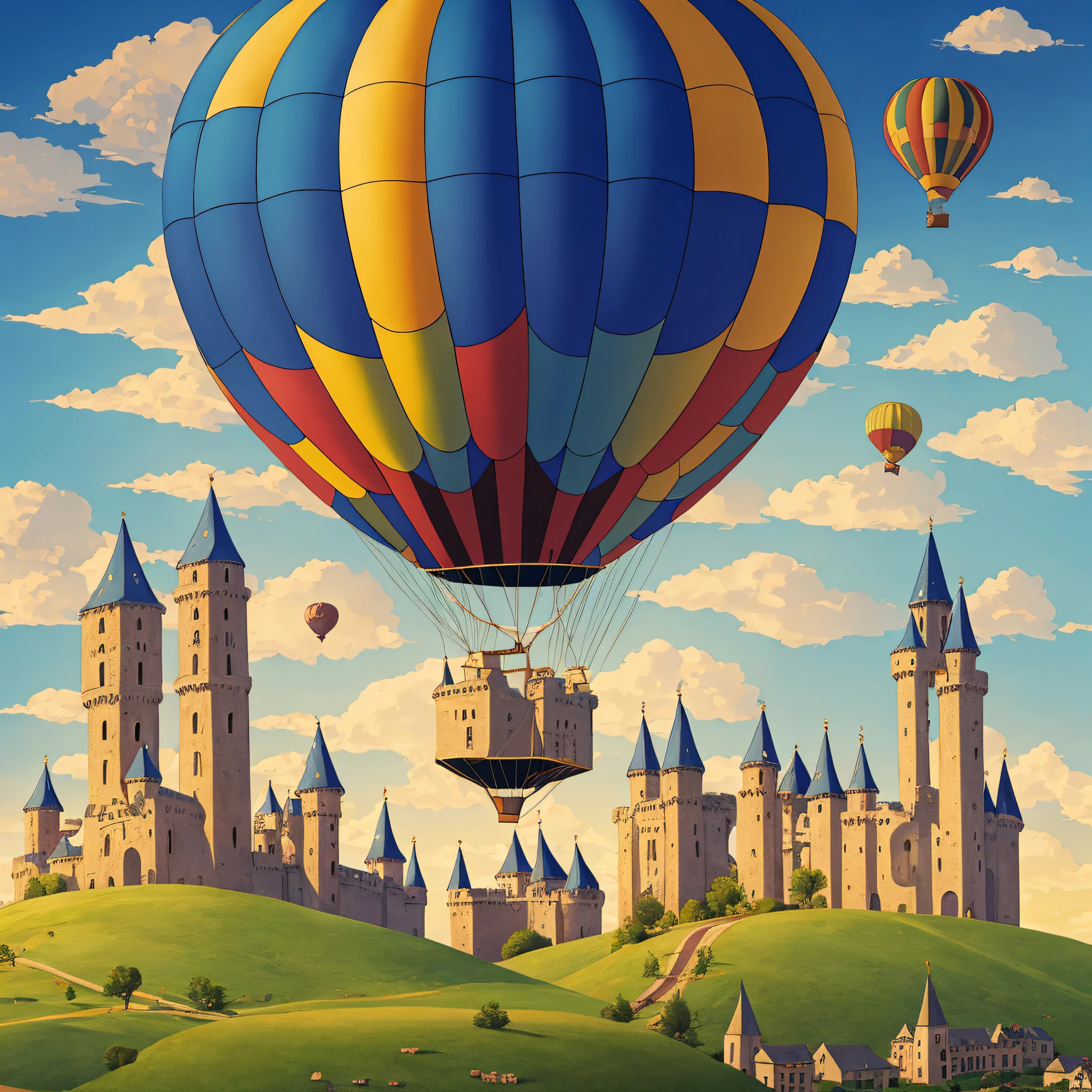 surrealism an image of a hot air balloon carrying a small town of towers and castles --auto --s2