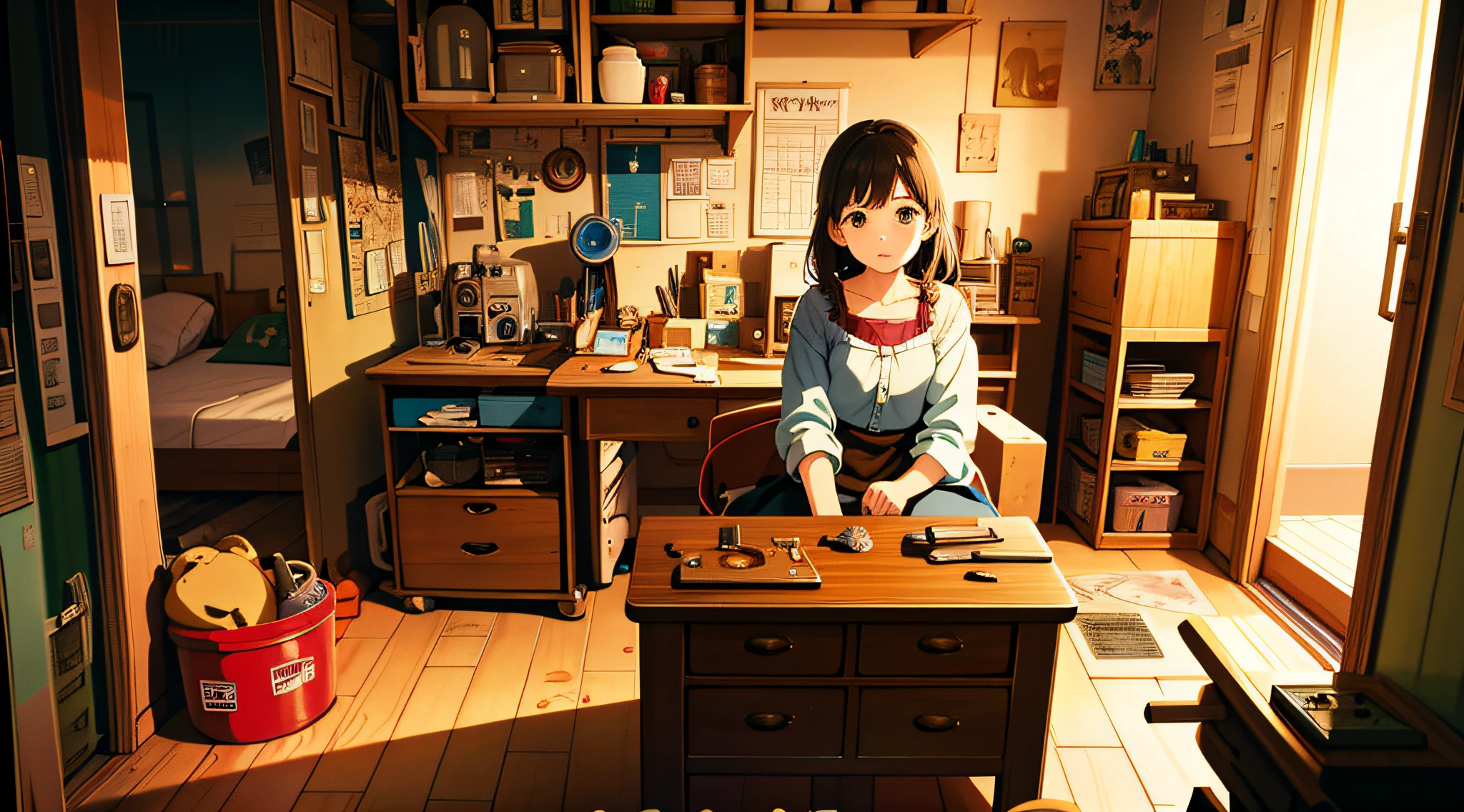 Masterpiece, top quality, highest quality, official art, beautiful and aesthetic, animation, busy scene of small machine town surrounded by small machines and tools, girl sitting in her room, repairing something, curiosity and love of invention. Delicate face, delicate expression, delicate touch, highest image quality, Ghibli.