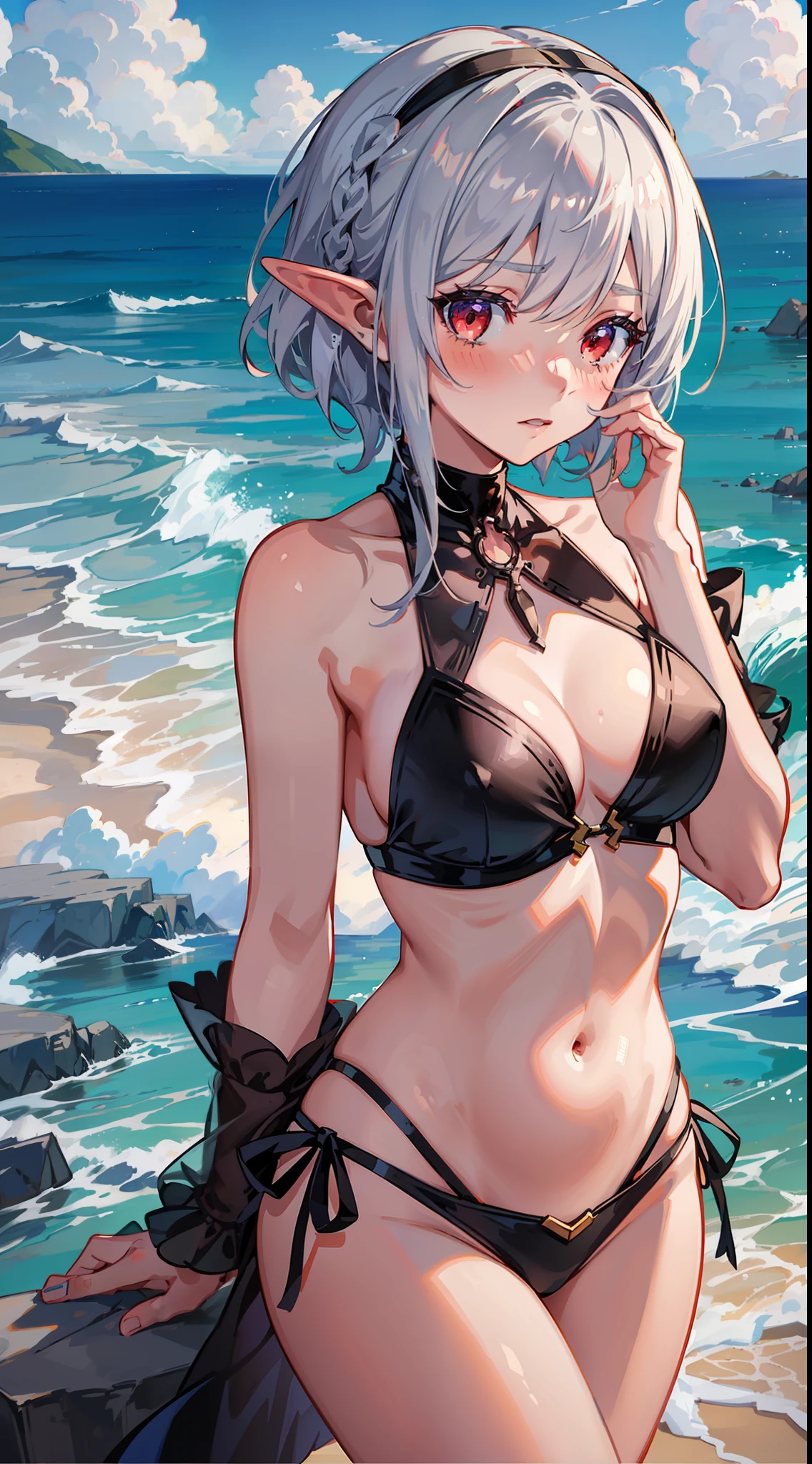 Overlooking the sea, 1 girl full body, elf, silver hair, red eyes, bob cut, braid, swimsuit, bikini, seaside city, putting both hands on their face, embarrassed, blush, concept art, beautiful anime scene, beautiful anime landscape, top rating on pixiv, best quality, 4K