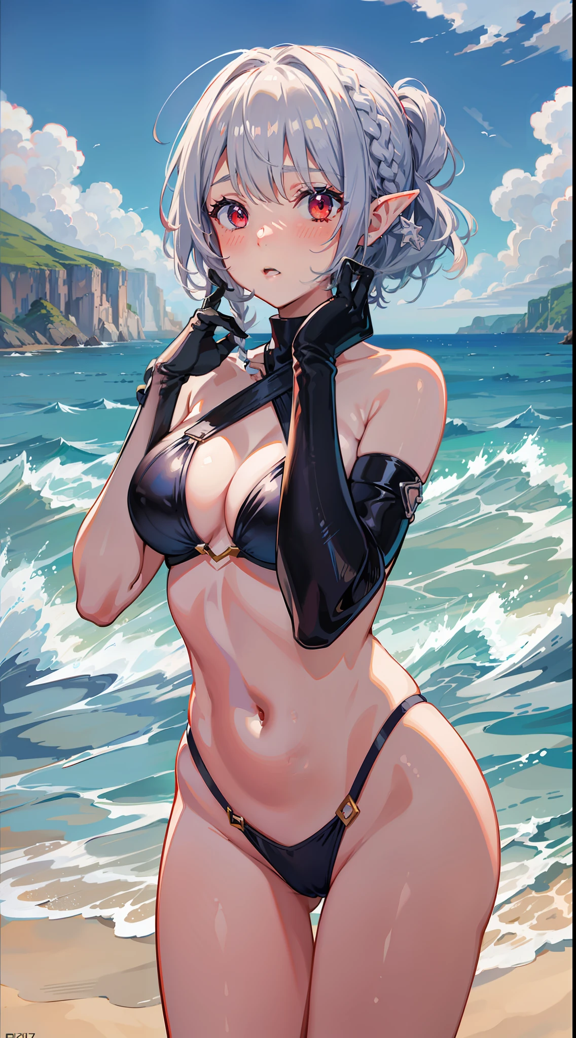 Overlooking the sea, 1 girl full body, elf, silver hair, red eyes, bob cut, braid, swimsuit, bikini, seaside city, putting both hands on their face, embarrassed, blush, concept art, beautiful anime scene, beautiful anime landscape, top rating on pixiv, best quality, 4K