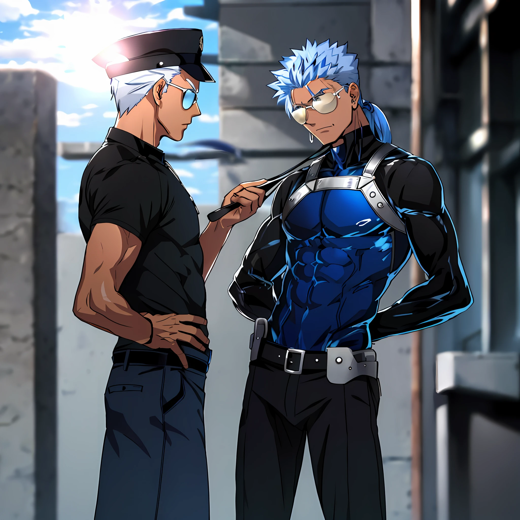 ((Masterpiece), best quality, emotional anime, immersive scene, accurate anatomical depiction of characters, detailed facial features, eye focus, fate unlimited blade works, fate style), (emiya (archer), archer /(fate/) in police leather uniform, silver hair, black police uniform, sun glasses, on the left side), (cu chulainn in leather harness on the right, blue hair, short ponytail,sun glasses, hands behind back, leather collar with a leash, on the right side),