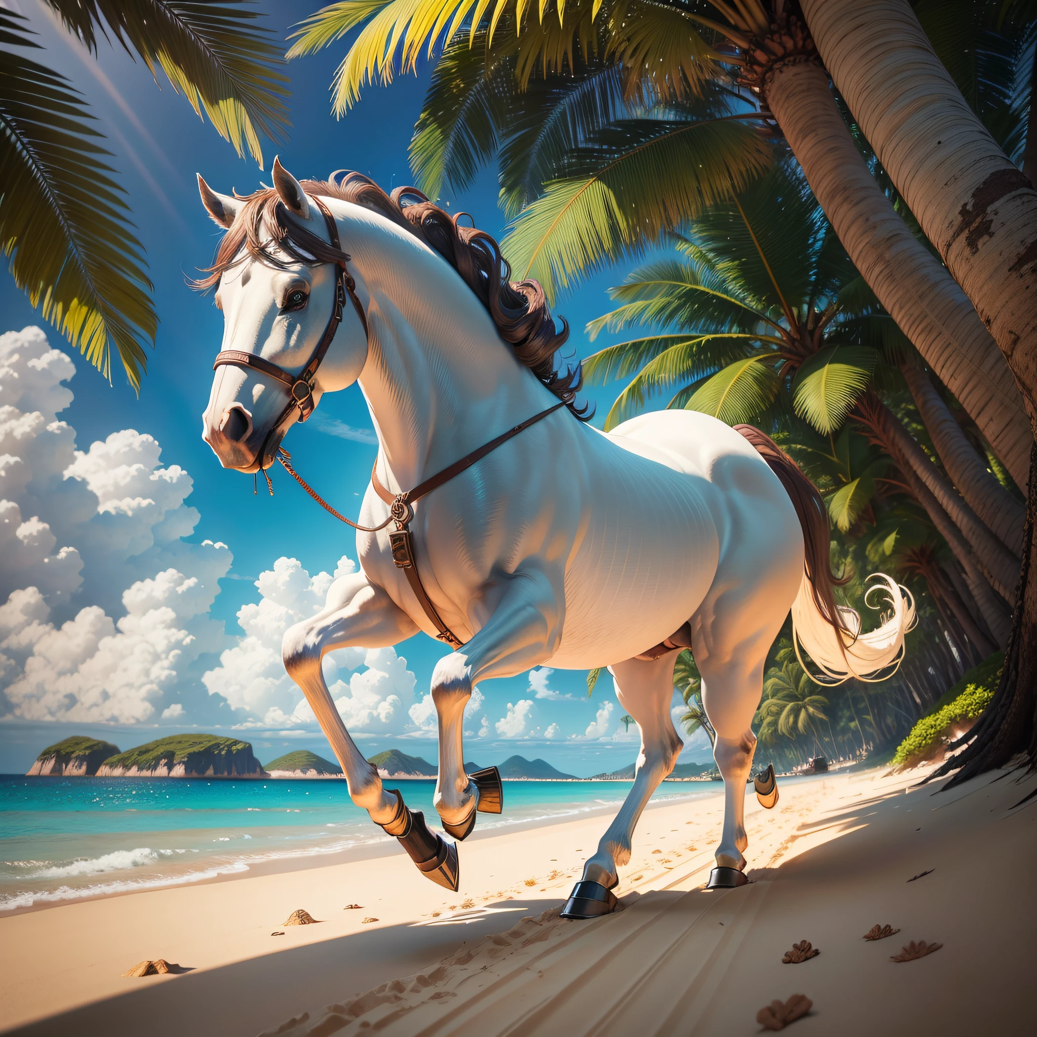 plongé camera, masterpiece, ultra-detailed, high quality 3D animation, amazing visuals, a beautiful brown and white horse, walking calmly on the beach, exotic beach environment, vibrant colors, crystal clear water, soft and warm light.