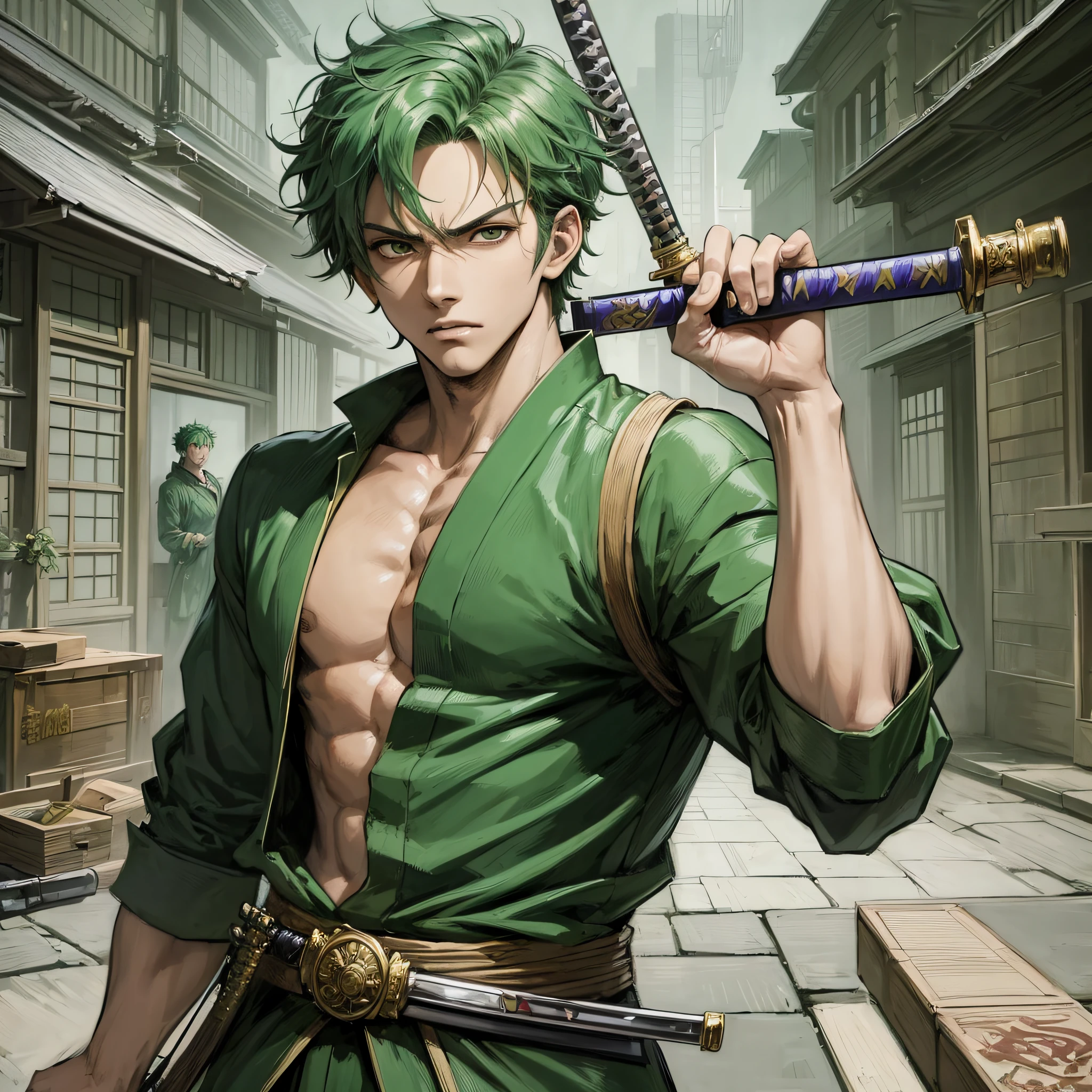 (masterpiece, best quality), (anime style), intricate details, 1boy, man, green hair, japanese clothes, cicatris in the eye, roronoa zoro, angry appearance, katana resting on shoulder, holding cardboard box, anime screenshot, hdr, colorful, good composition, character front