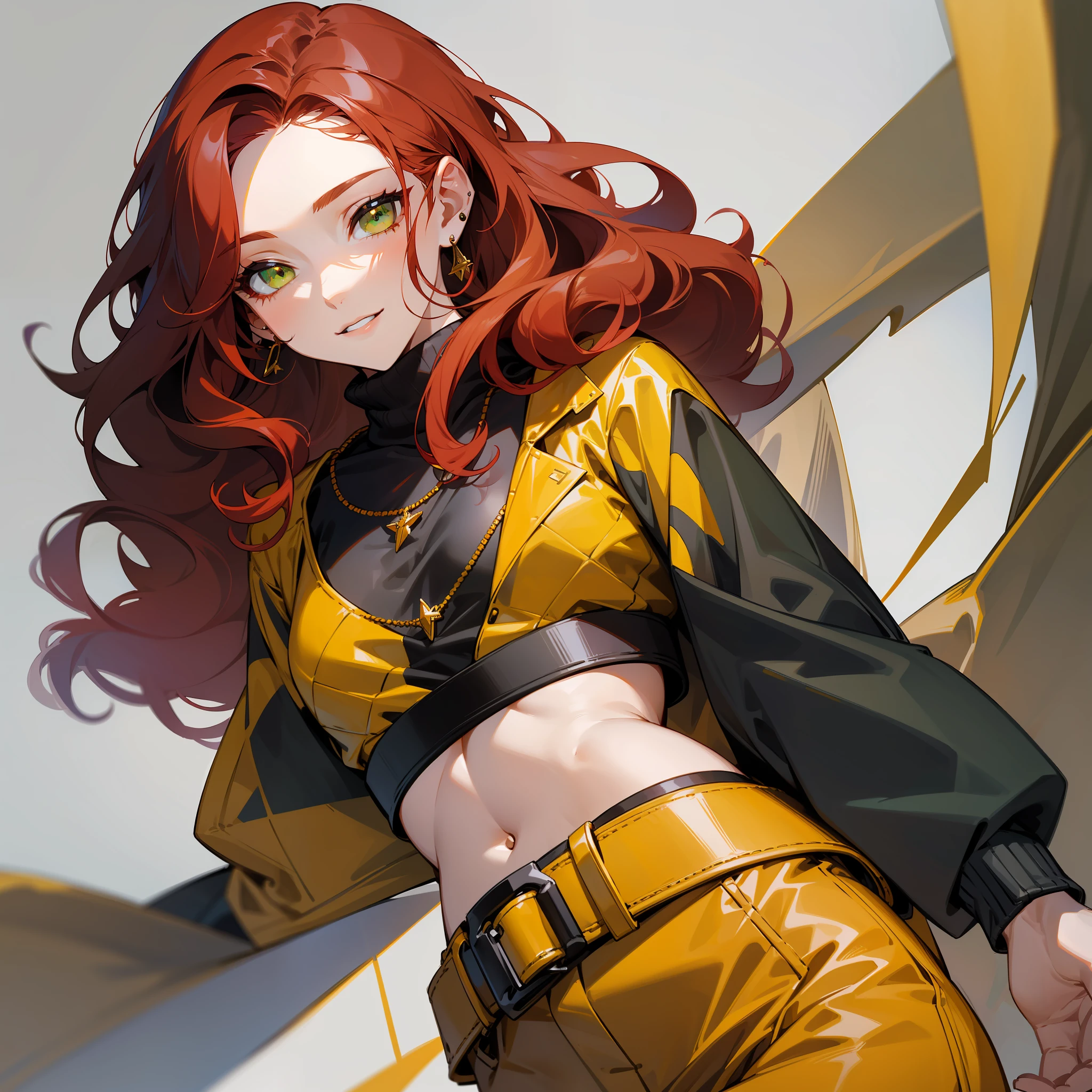 1 man solo, close-up, determined eyes, black sweater, yellow pants with black belt, necklace, long red hair, gray strands, curls, smile, green eyes, (light features, detailed skin texture, beautiful face), white background, earrings, yellow leather, standing, masterpiece, top quality, best quality