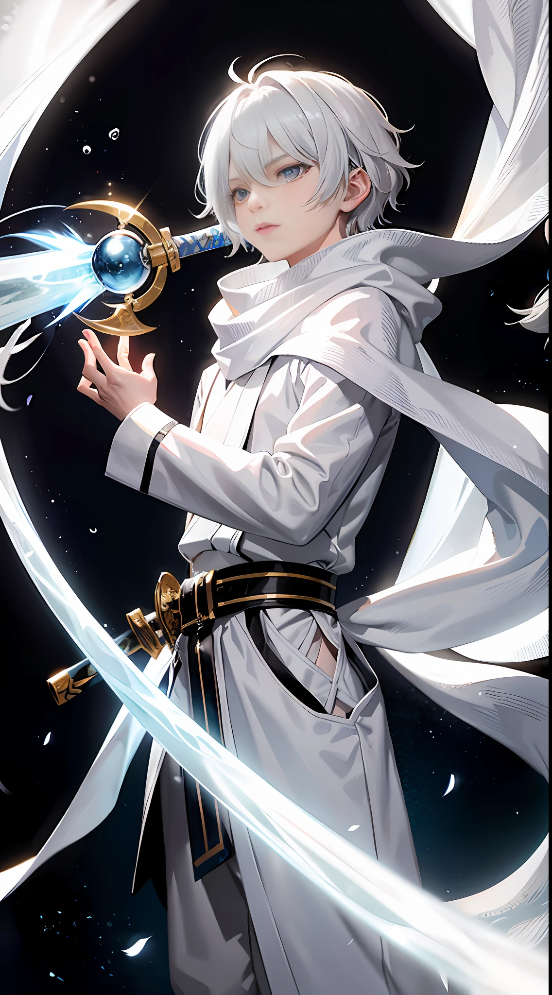 A -yeld boith white hair and silver eyes, known for having great combat skills with ice magic. He wears white clothes like the light of the full moon with a long white scarf around his neck, in addition he also carries a katana with the blessing of the moon goddess that he carries on the right side of his waist