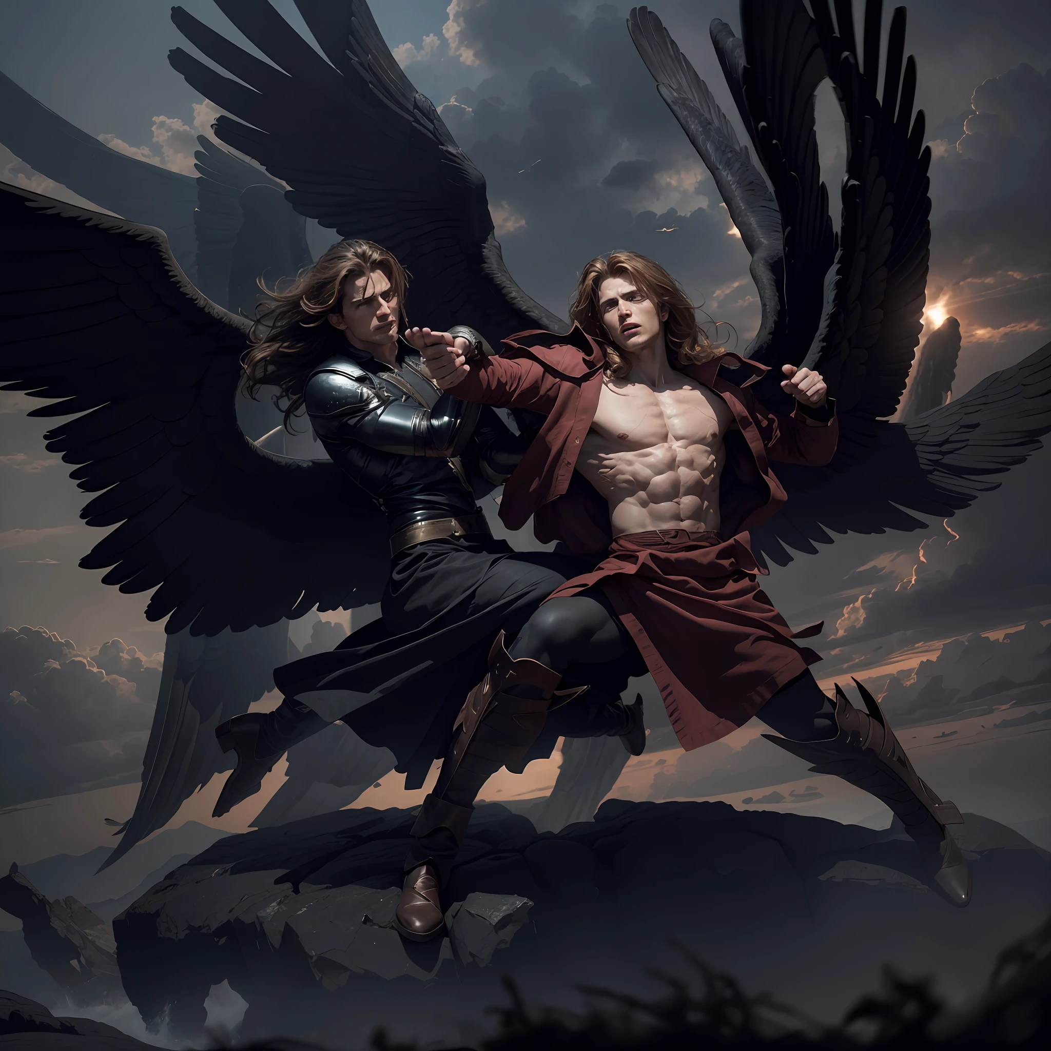 Best quality cinematic CG, ultra-detailed, highly detailed, one man, angel, (((perfect face 1.2))) angel are Michael, archangel are Michael in a desperate and dramatic fight with a terrifying demon, intense battle, with wings spread and hair flying in the wind, dramatic and intense lighting.