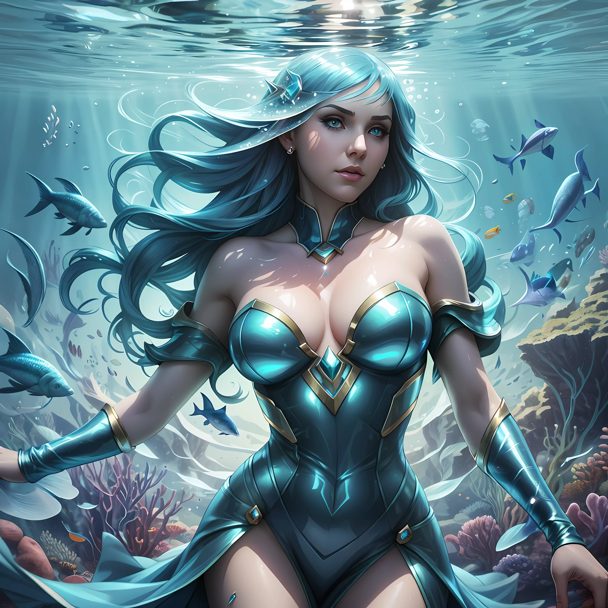 Realistic photograph of a Piscean woman under the sea, blue hair, sci-fi, photographed, centered, blue color gel lighting, geometric shadows, bright lights, symmetry, depth of field, water bubbles around, group of fish around, zodiac fish symbol, intricate, elegant, highly detailed, digital painting, artstation, concept art, bluish futuristic costume, water-shaped dress, Smooth and sharp focus, illustration, as imagined by Greg Rutkowski and Borris Vallejo --auto --s2