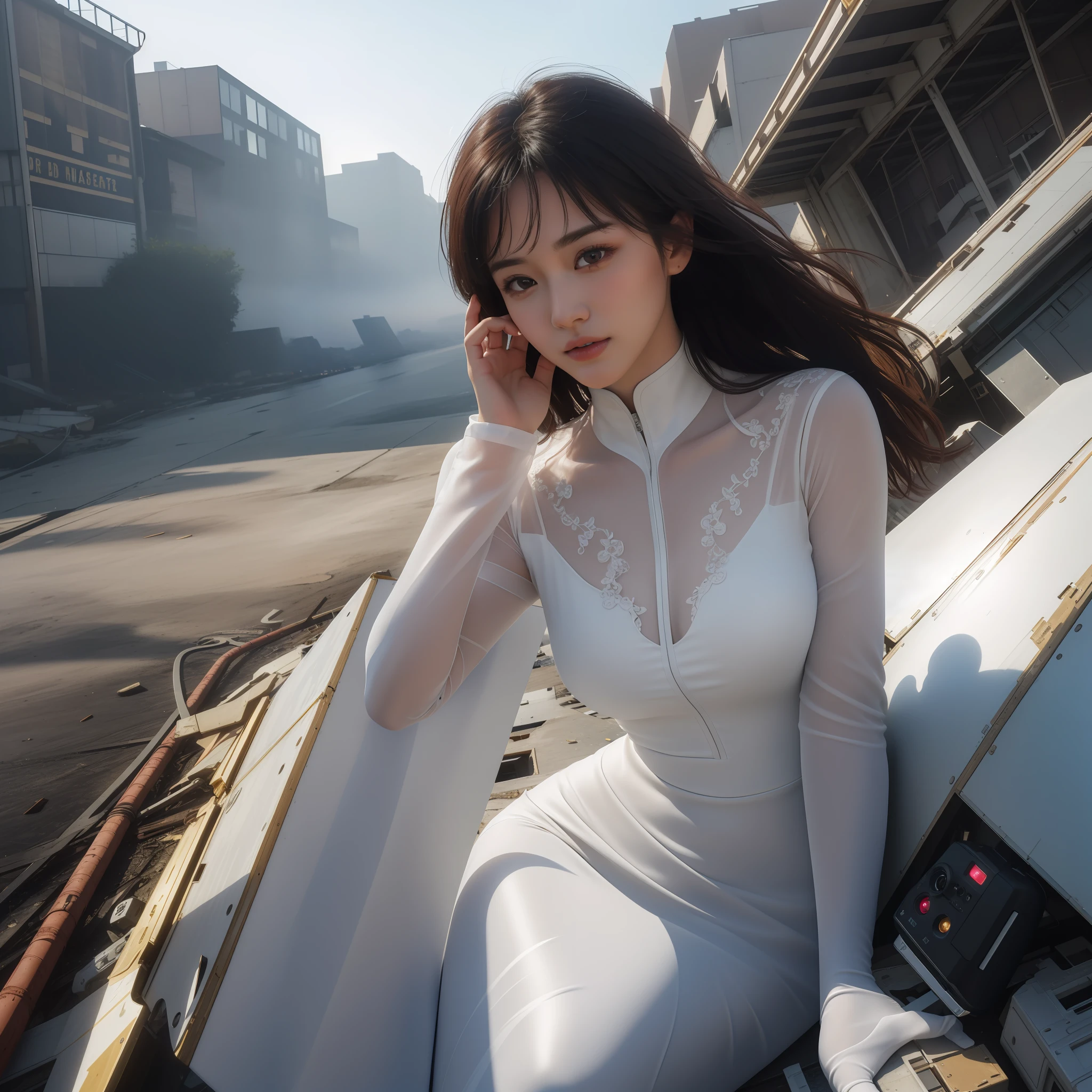 RAW, Masterpiece, Ultra Fine Photo,, Best Quality, Ultra High Resolution, Photorealistic, Sunlight, Full Body Portrait, Stunningly Beautiful,, Dynamic Poses, Delicate Face, Vibrant Eyes, (Side View) , she is wearing a futuristic saint seyai mech, red and gold color scheme, highly detailed abandoned warehouse background, detailed face, detailed and complex busy background, messy, gorgeous, milky white, high detailed skin, realistic skin details, visible pores , sharp focus, volumetric fog, close-up, 8k uhd, dslr camera, high quality, film grain, fair skin, photorealism, lomography, sprawling metropolis in futuristic dystopia, view from below, translucent