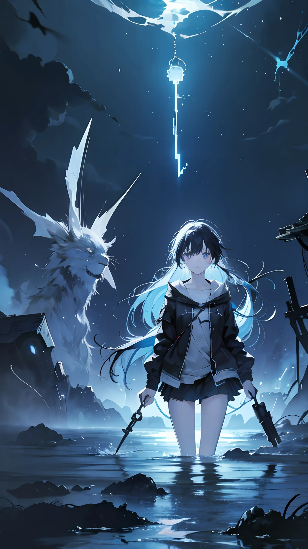 (anime style) girl in abyss, dark scenery, deep water, (1girl),  blue glowing eyes, messy hair,  tattered clothes, holding a glowing key, surrounded by strange creatures, lost, wandering, mysterious energy, eerie quietness, bleak darkness. --auto --s2