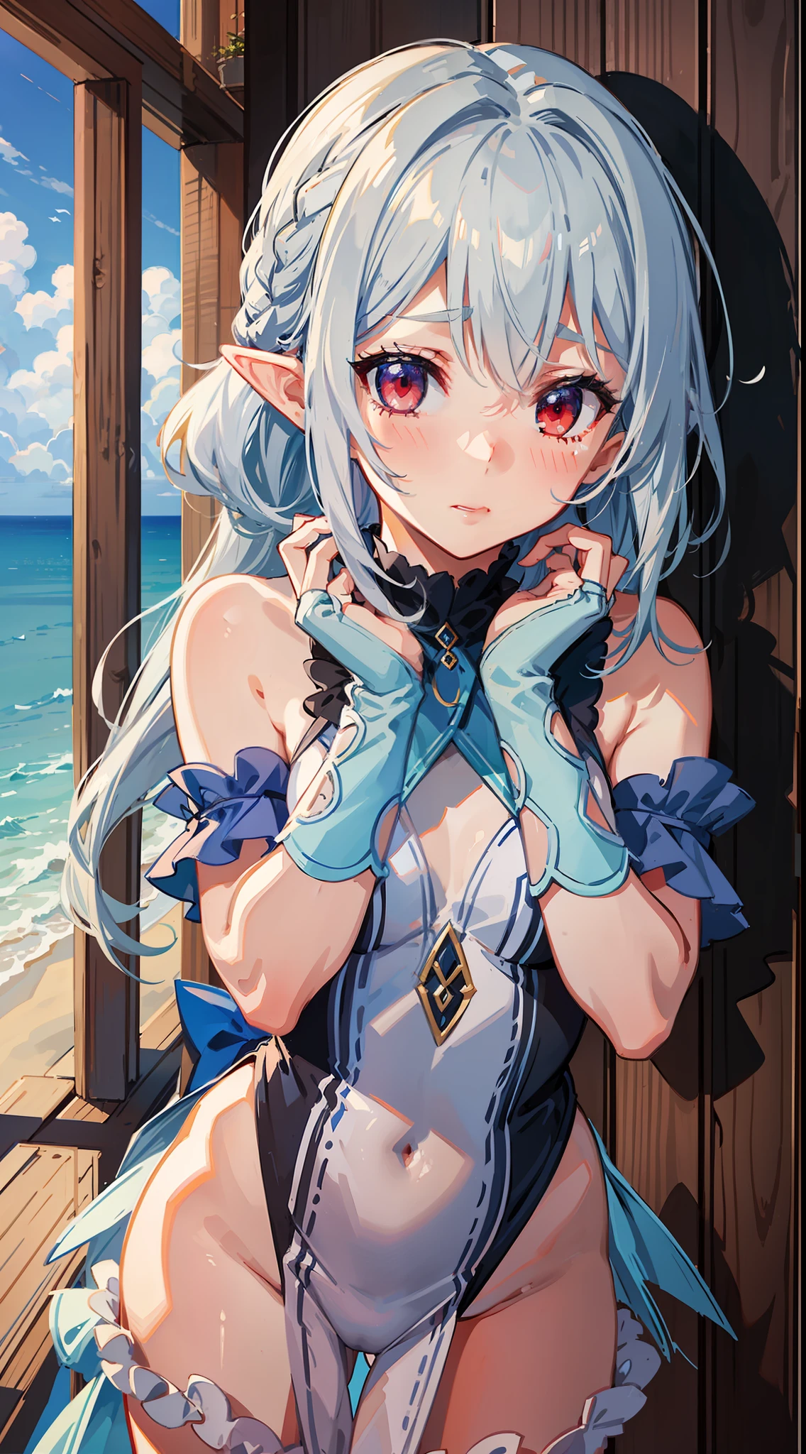Overlooking the sea, 1 girl full body, elf, silver hair, red eyes, bob cut, braid, swimsuit, competitive swimsuit, seaside city, putting both hands on their face, embarrassed, blush, concept art, beautiful anime scene, beautiful anime scenery, top rating on pixiv, best quality, 4K