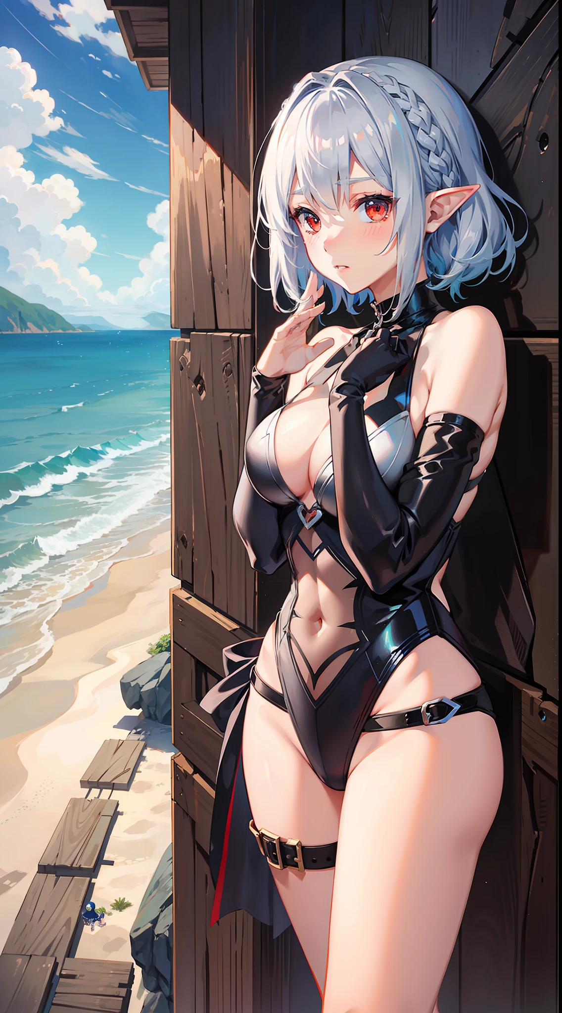 Overlooking the sea, 1 girl full body, elf, silver hair, red eyes, bob cut, braid, swimsuit, competitive swimsuit, seaside city, putting both hands on their face, embarrassed, blush, concept art, beautiful anime scene, beautiful anime scenery, top rating on pixiv, best quality, 4K