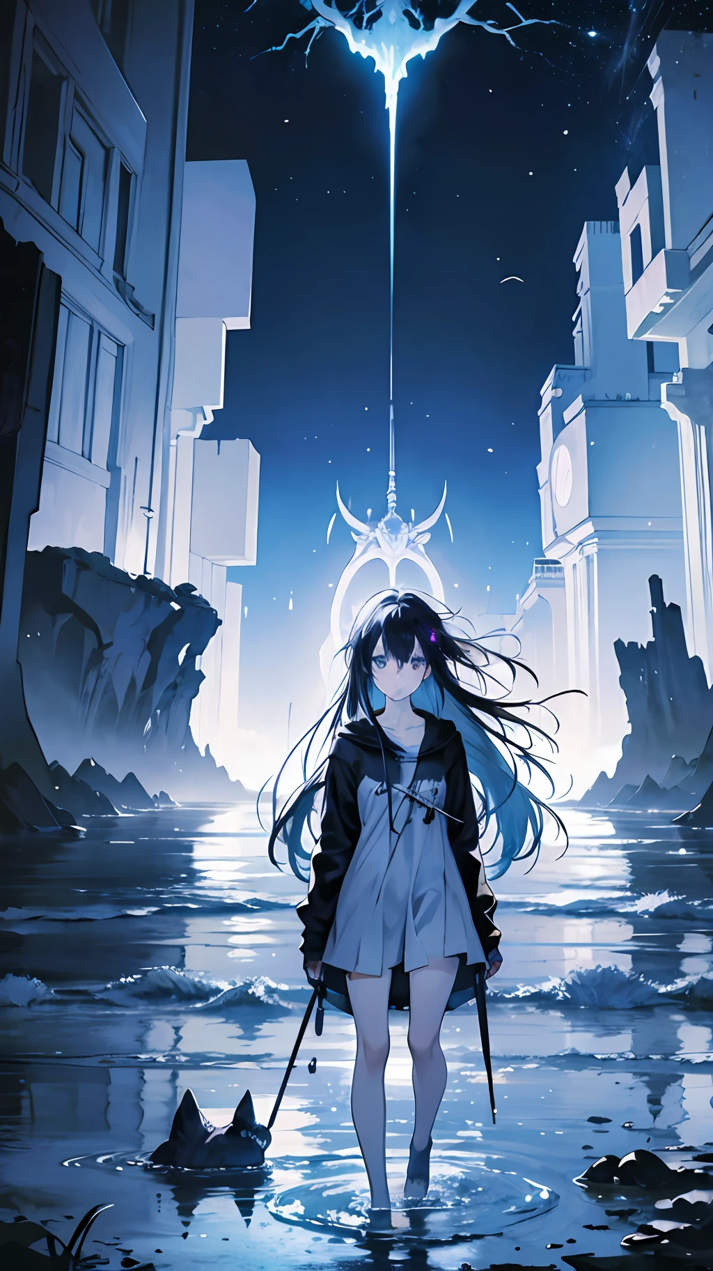 (anime style) girl in abyss, dark scenery, deep water, (1girl), blue glowing eyes, messy hair, tattered clothes, holding a glowing key, surrounded by strange creatures, lost, wandering, mysterious energy, eerie quietness, bleak darkness. --auto --s2