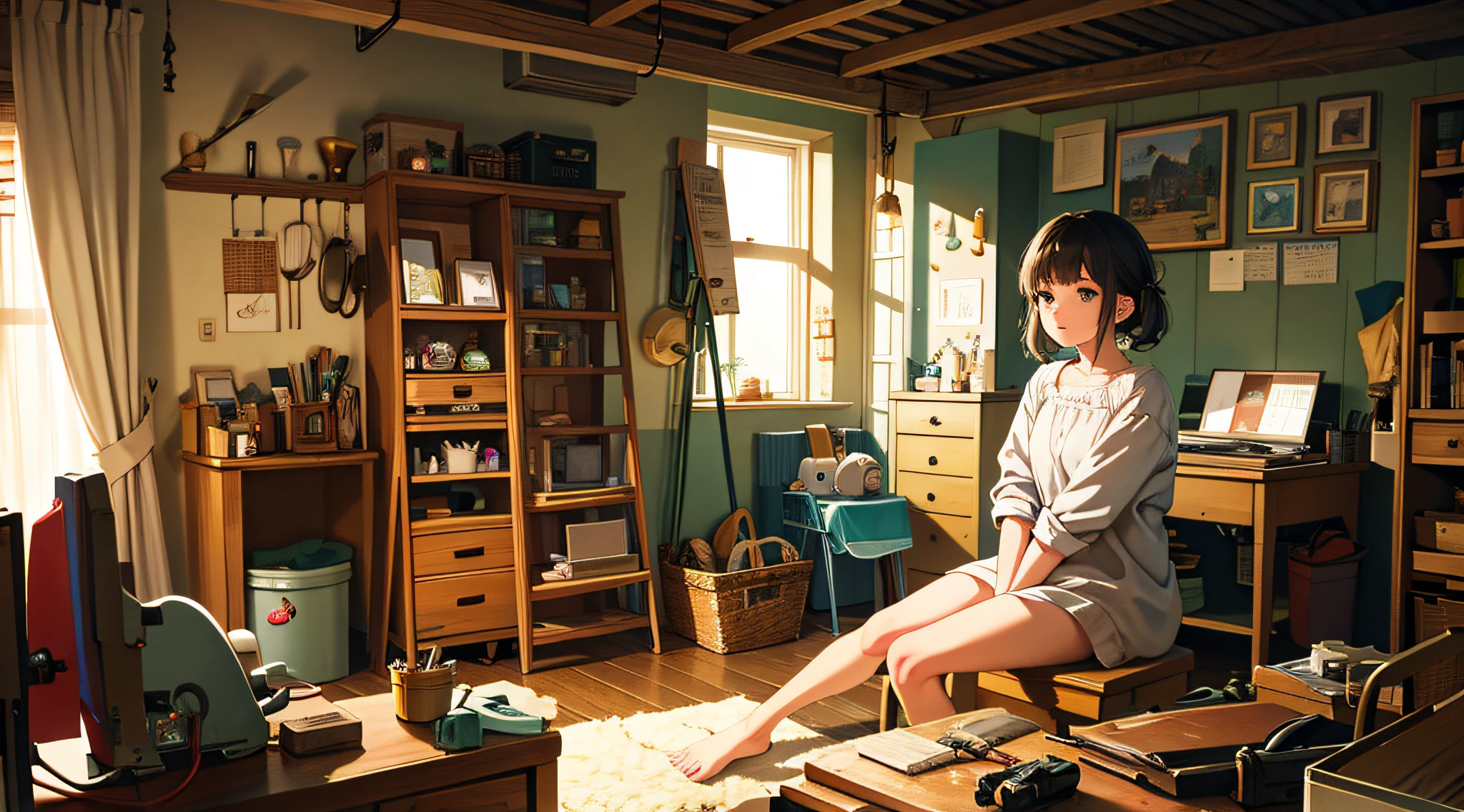 Masterpiece, top quality, highest quality, official art, beautiful and aesthetic, animation, busy scene of small machine town surrounded by small machines and tools, girl sitting in her room, repairing something, curiosity and love of invention. Delicate face, fine, thin lines, delicate touch, best image quality.