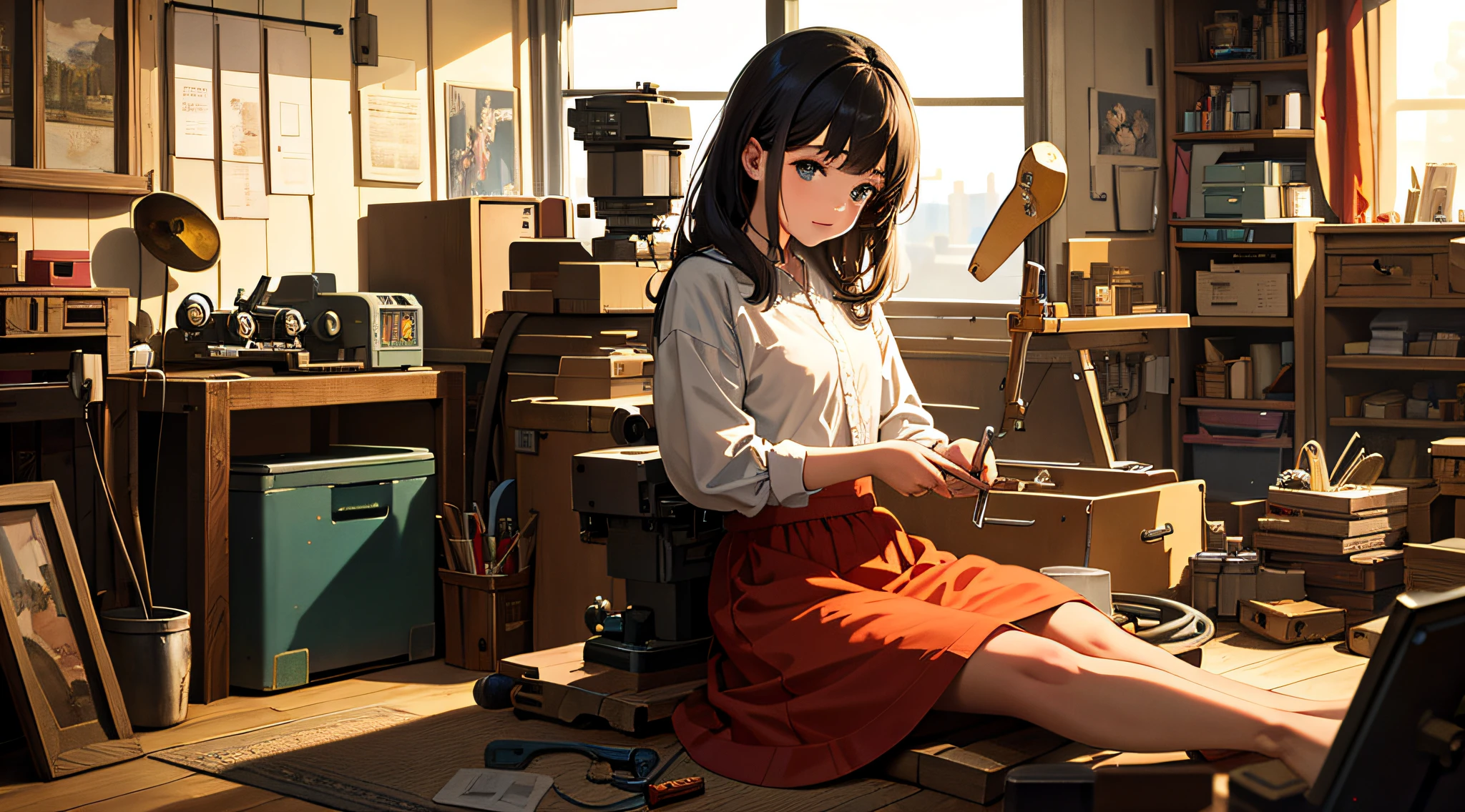 Masterpiece, top quality, highest quality, official art, beautiful and aesthetic, animation, busy scene of small machine town surrounded by small machines and tools, girl sitting in her room, repairing something, curiosity and love of invention. Delicate face, fine, thin lines, delicate touch, best image quality.