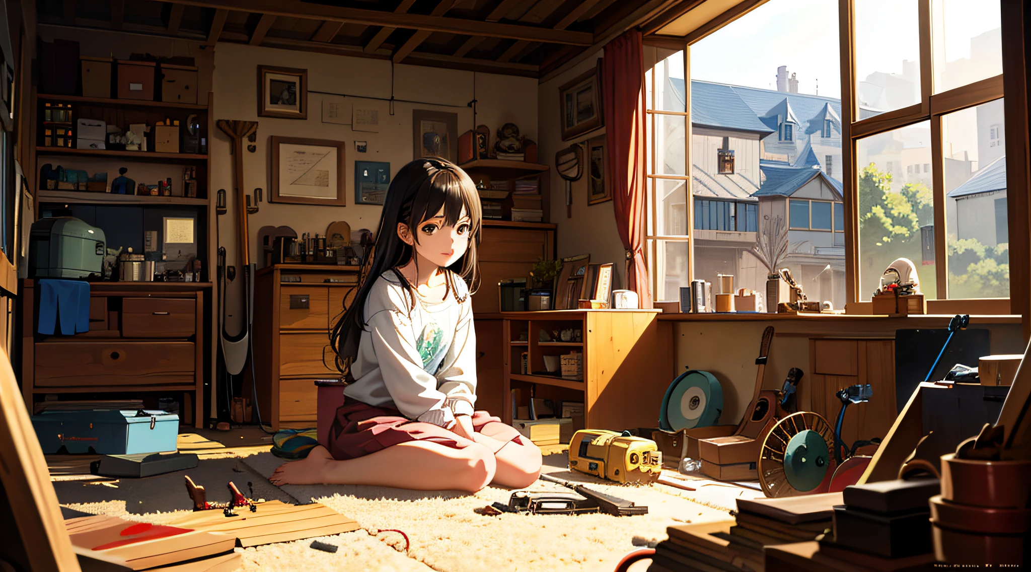 Masterpiece, top quality, highest quality, official art, beautiful and aesthetic, animation, busy scene of small machine town surrounded by small machines and tools, girl sitting in her room, repairing something, curiosity and love of invention. Delicate face, fine, thin lines, delicate touch, best image quality.