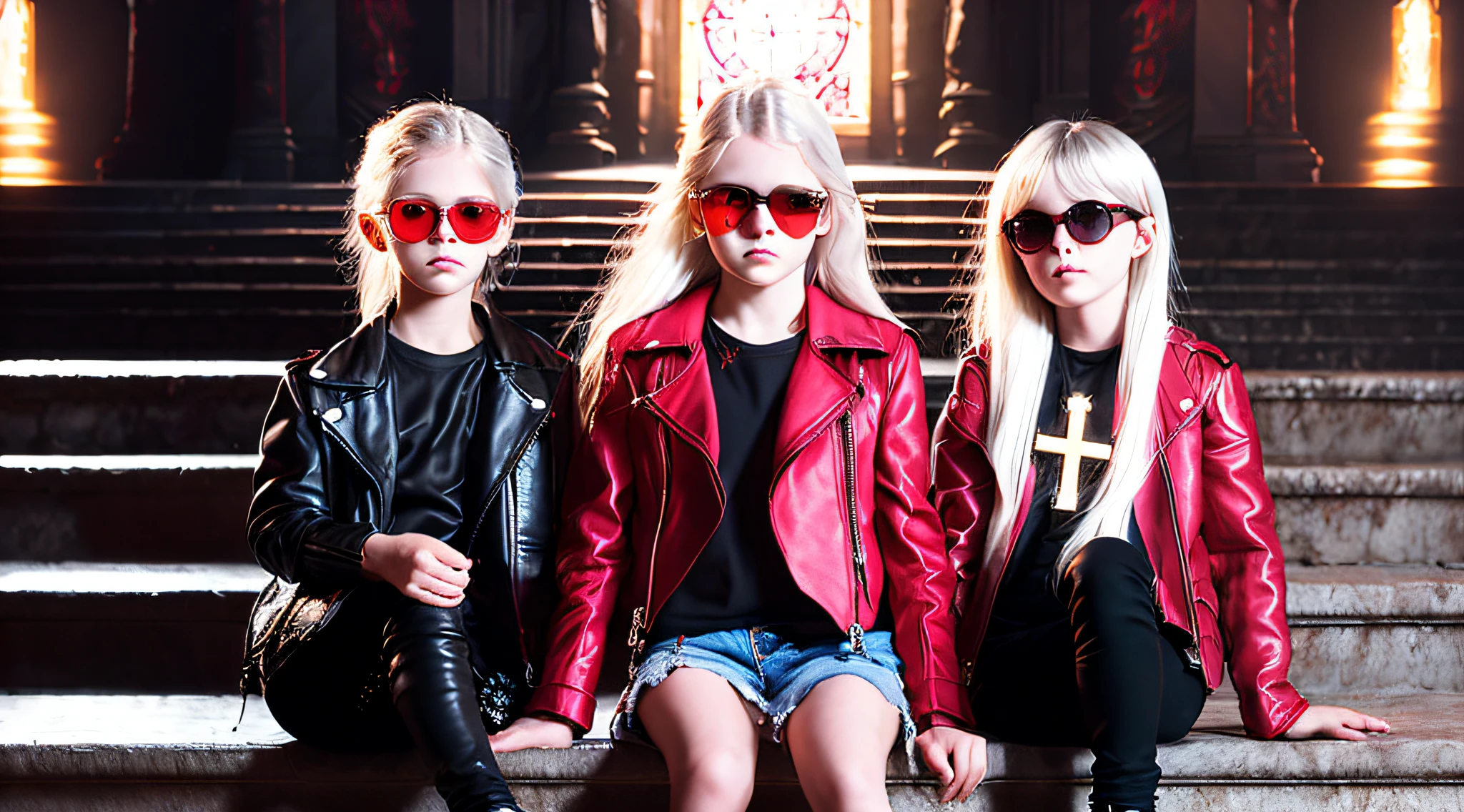 REALISTIC PHOTO, A half-body, portrait of 3 girls German long platinum blonde hair of 12 yearsather jackets, sunglasses,, an illuminated cross sitting on top of a set of steps (NecroChurch style:1)