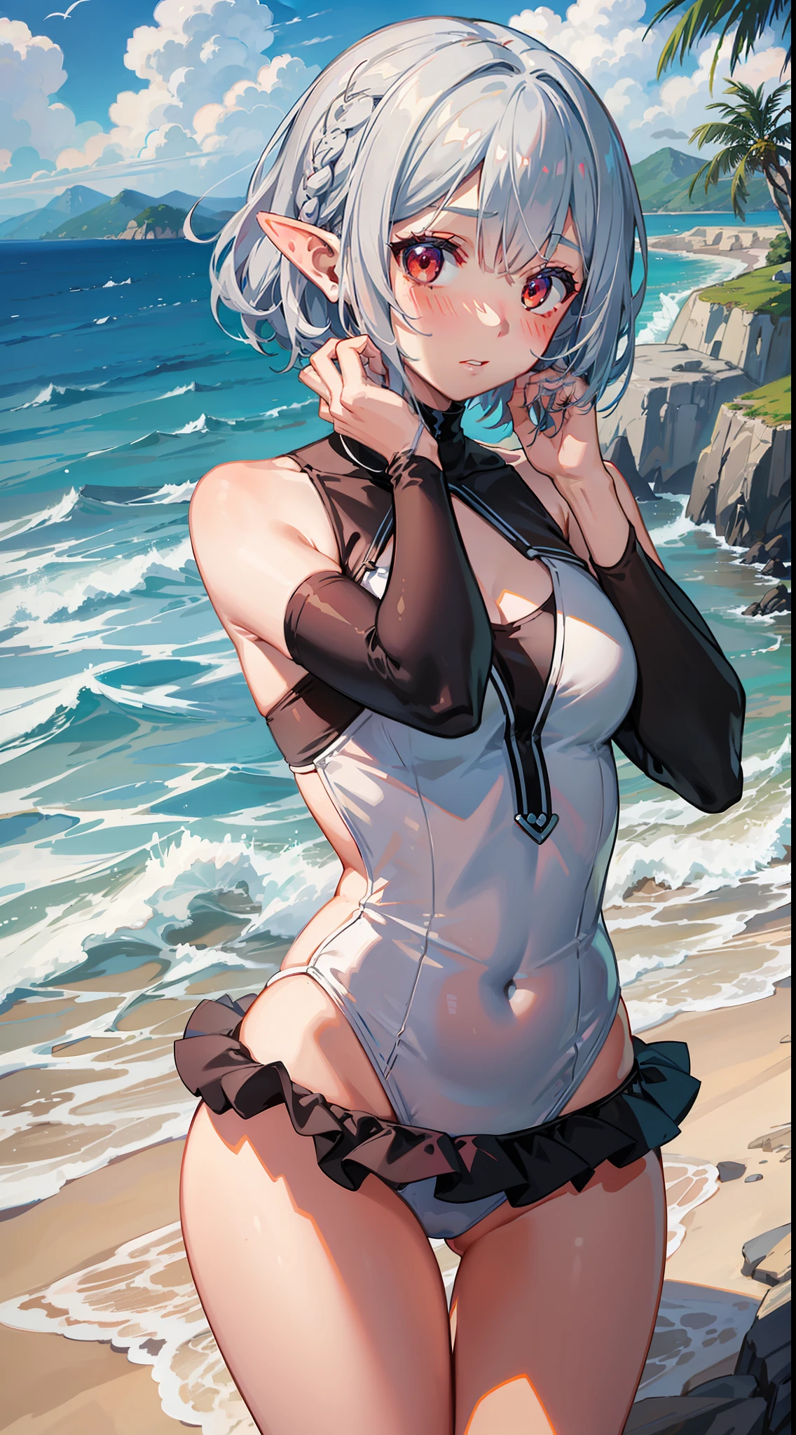 Overlooking the sea, 1 girl full body, elf, silver hair, red eyes, bob cut, braid, swimsuit, one piece swimsuit, seaside city, putting both hands on their face, embarrassed, blush, concept art, beautiful anime scene, beautiful anime landscape, top rating on pixiv, best quality, 4K