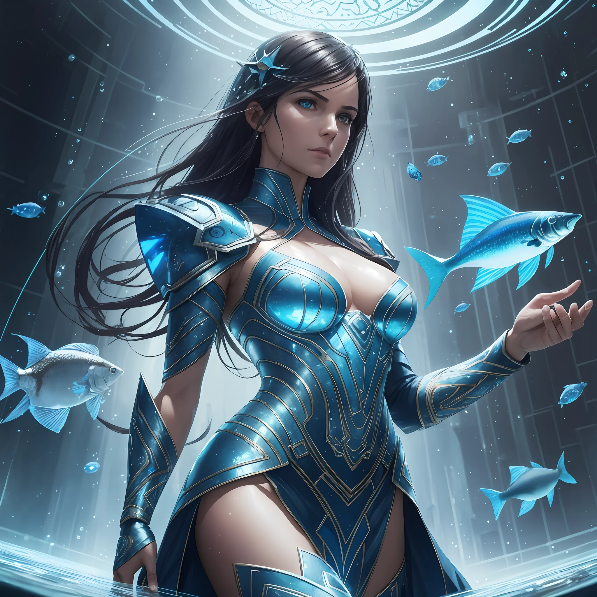 Realistic photograph of a Piscean woman, sci-fi, photographed, centered, gel lighting of blue color, geometric shadows, bright lights, symmetry, depth of field, water bubbles around, group of fish around, symbol of zodiac fish, intricate, elegant, highly detailed, digital painting, artstation, concept art, bluish futuristic costume, water-shaped dress, soft and sharp focus,  Illustration, as imagined by Greg Rutkowski and Borris Vallejo --auto --s2