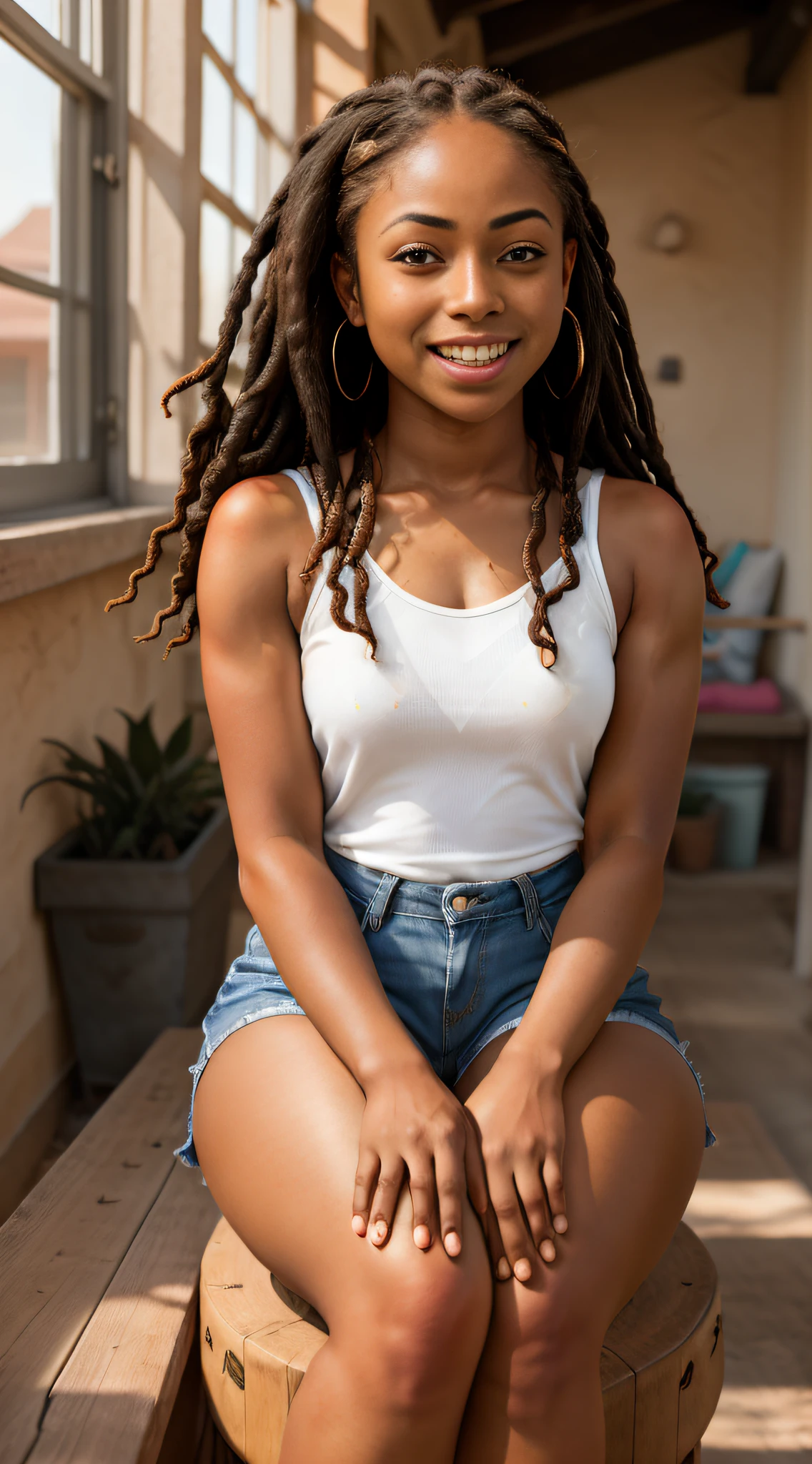 Masterpiece, RAW photography, dark skinned woman (laughing:0.8), sitting down, knees up, elbows bent, lit by sunlight, sleeveless shirt, long shorts, lens flare, DOF, blurry background, freckled skin, detailed skin, detailed face, box braids hairstyle