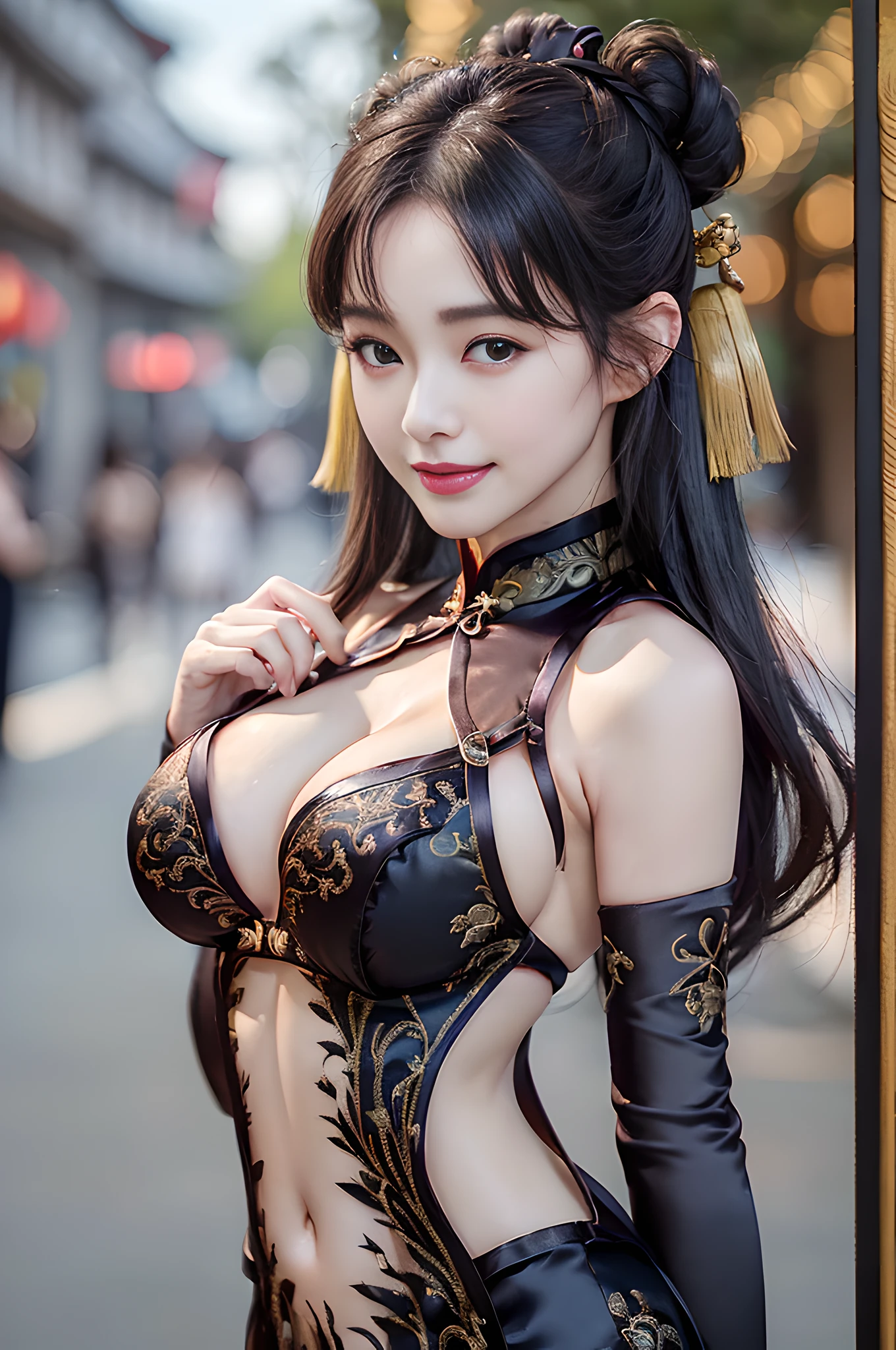 ((Best Quality, 8K, Masterpiece: 1.3)), cowboy shot, extremely Cute Beautiful Woman, 1 Girl, (Beautiful Breasts:1.3), (Abs, Slender Figure: 1.1), Sharp Focus, (((Intricate Details)), High Detail, Upper Body, One Girl, Black twin-buns Hair with bangs, (luxurysatin cleavage cut-out evening Chinese dress:1.5), lace, detailed evening dress, 8K, 8K Resolution, clean detailed face, Detailed Body, Detailed Clothes, Sharp Images, hyper-sharp image, Japan Anime Concept Art, trending on Artstation, ((looking the viewer, facing the viewer, staring the viewer:1.3)), seductive sexy pose, ((seductive smile, light smile:1.25)), pink lipstick, bokeh, field of depth, 8.5 life size, 8k resolution, (shot on EOS 5D Mark IV, 35mm lens, f1.8), (ancient Chinese Street Background, no-human simple background, detailed background), ((frame the head:1.3), detailed human hands, perfect human hands, perfect anatomy, perfect proportion, ultra-sharp focus,