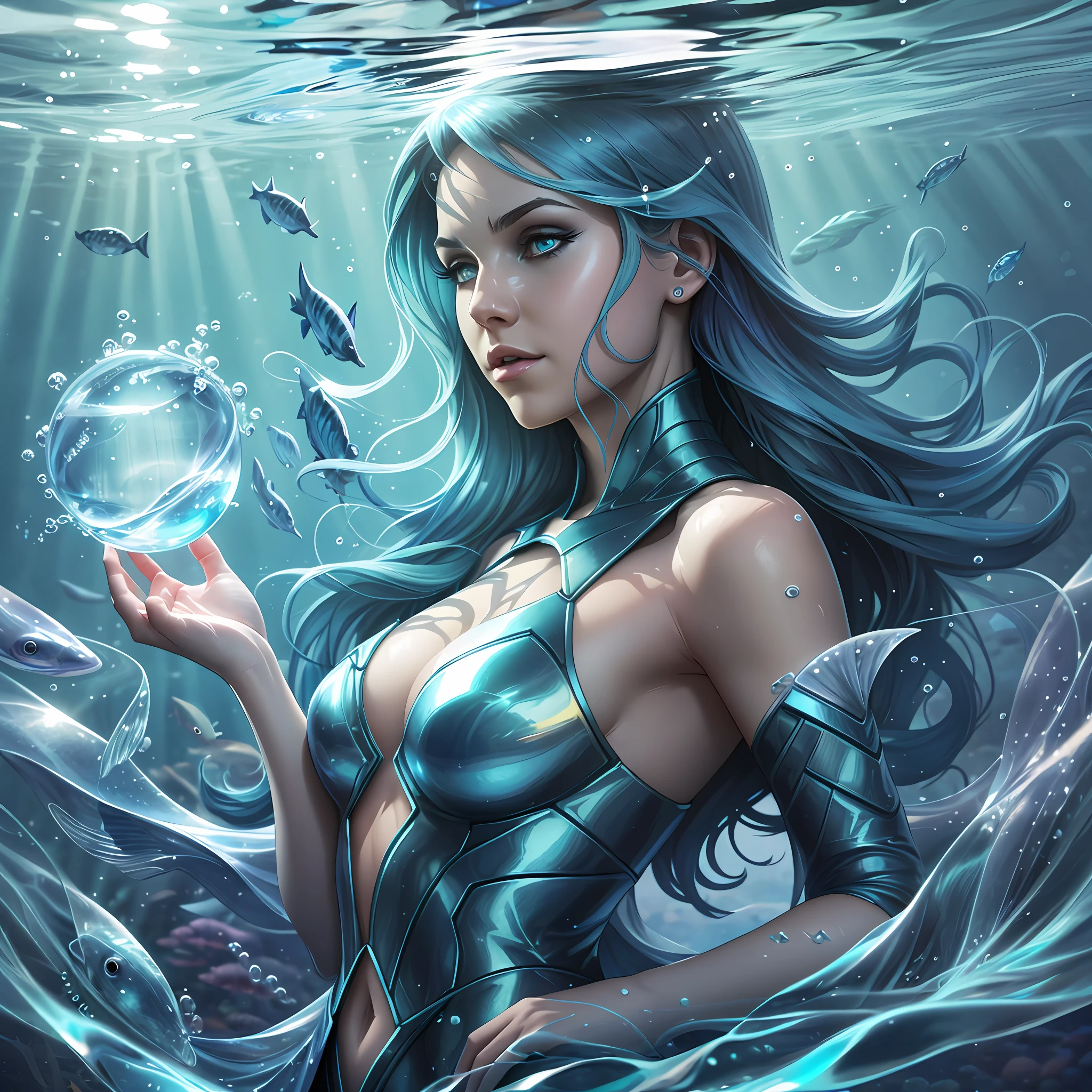 Realistic photograph of a Piscean woman under the sea, blue hair, sci-fi, photographed, centered, blue color gel lighting, geometric shadows, bright lights, symmetry, depth of field, water bubbles around, group of fish around, zodiac fish symbol, intricate, elegant, highly detailed, digital painting, artstation, concept art, bluish futuristic costume, water-shaped dress, Smooth and sharp focus, illustration, as imagined by Greg Rutkowski and Borris Vallejo --auto --s2