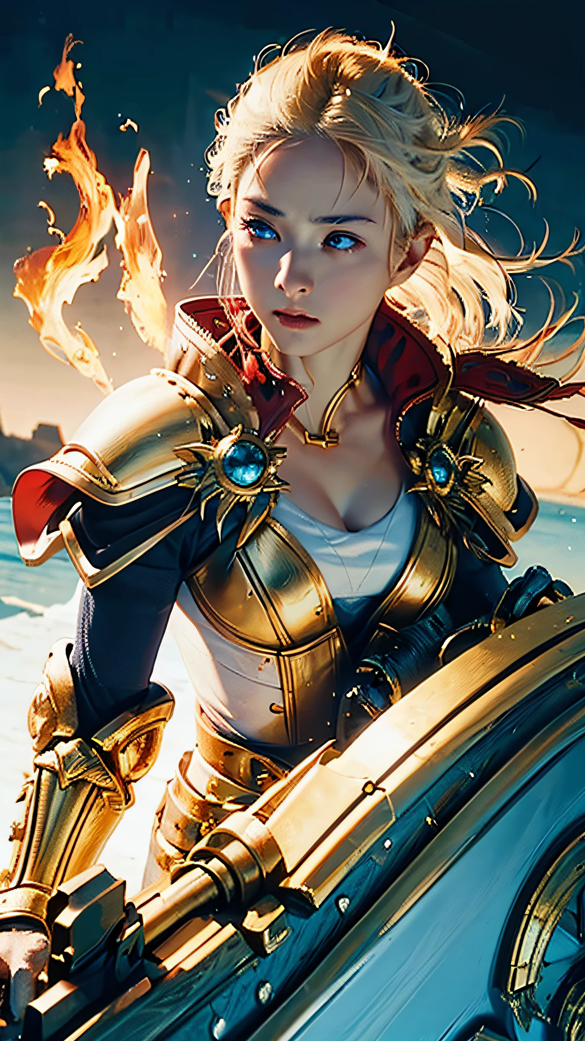 Official Art, Unity 8k Wallpaper, Ultra Detail, Masterpiece, Best Quality, One Woman, (Very Detail), Dynamic Angle, Mystical Expression, Fire Glowing Effect, Fantasy Background, Rim Lighting, Side Light, Cinematic Light, Ultra High Definition, 8k UHD, Film Grain,Best Shadow, Delicate, RAW, Light Particles, Detailed Skin Texture, Detailed Gem Armor Texture, Detailed Face, cleavage, complex details, ultra detail, bright, strong, white armor, have strong weapons, hold a magic stone shield, pole dron, (((gold hair)), glowing blue eyes, long red cloak, fantasy, (realistic), make eye contact,