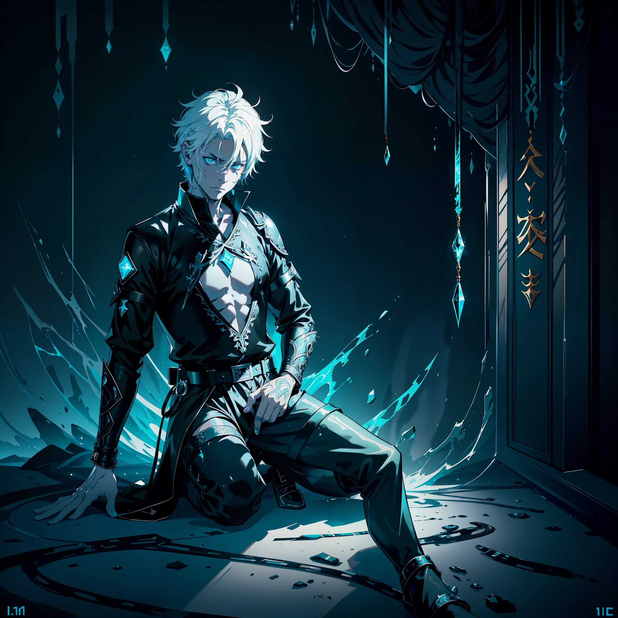 Loki, Myth, Mythology, Cyberpunk male, fantasy world, dark background, clean design, epic instagram, artstation, splashes of colored paint, silhouette, hyper detailed intricate details, unreal engine, fantasy, intricate details, home screen, complementary colors, fantasy concept art, 8k resolution, deviantart masterpiece, oil painting, heavy strokes, ink drips, (isolated on white background: 1.3), rainbow skin, (((handsome young man))), ((teenager: 1.5) ), (bright blue eyes), (((clear eyes)), ((((short white hair: 1.1))), (((black clothes)), (prince\\(indifferent expression\\),(((Wears luxurious black tunic with high details)))), white hair, ice magic, ((chest) --v 6