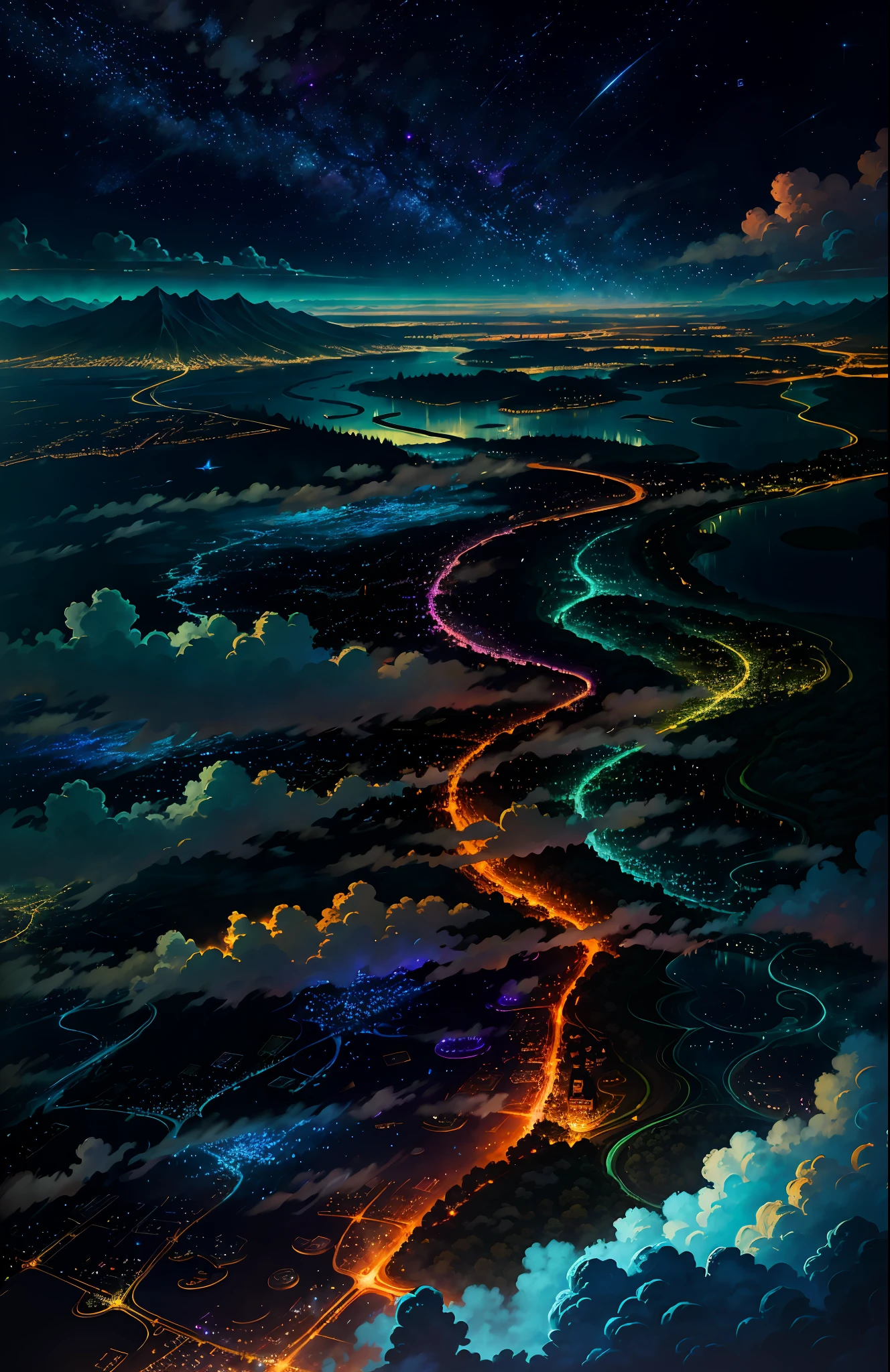 (best quality), fantasy night scenery, city seen from above, river meandering through the city, blue night, crosses bright as stars, colorful fireflies floating in the sky, reflection of the sky on the river, forest in the distance, magical weather, colorful fireflies flying,lilies,clouds in the skies